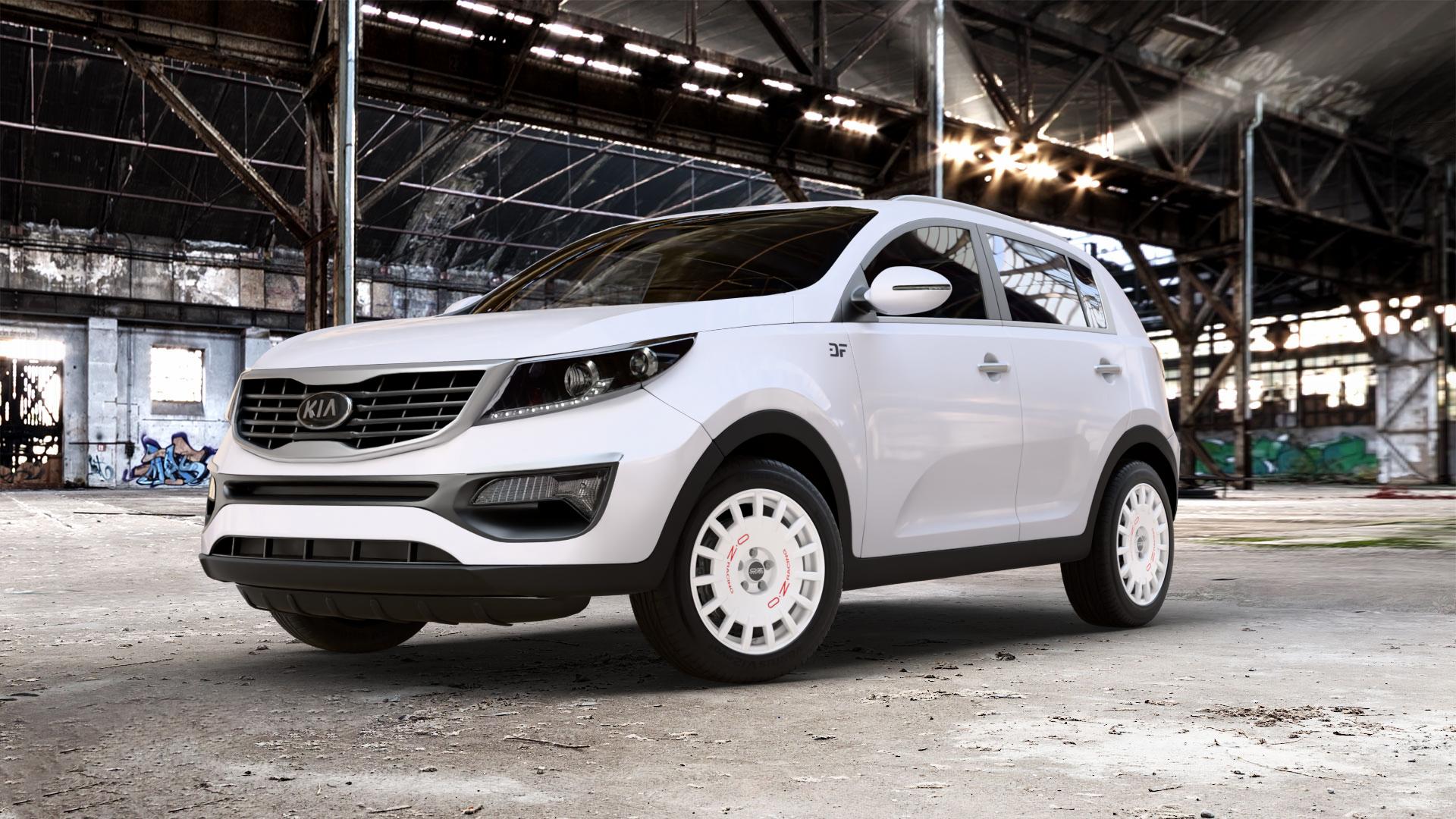 OZ RACING RALLY RACING RACE WHITE + RED LETTERING Felge mit Reifen rot weiss weiß in 18Zoll Winterfelge Alufelge auf weissem Kia Sportage III Typ SL SLS Facelift ⬇️ mit 15mm Tieferlegung ⬇️ Old Industrial Hall_max_5300mm_2024 Frontansicht_1