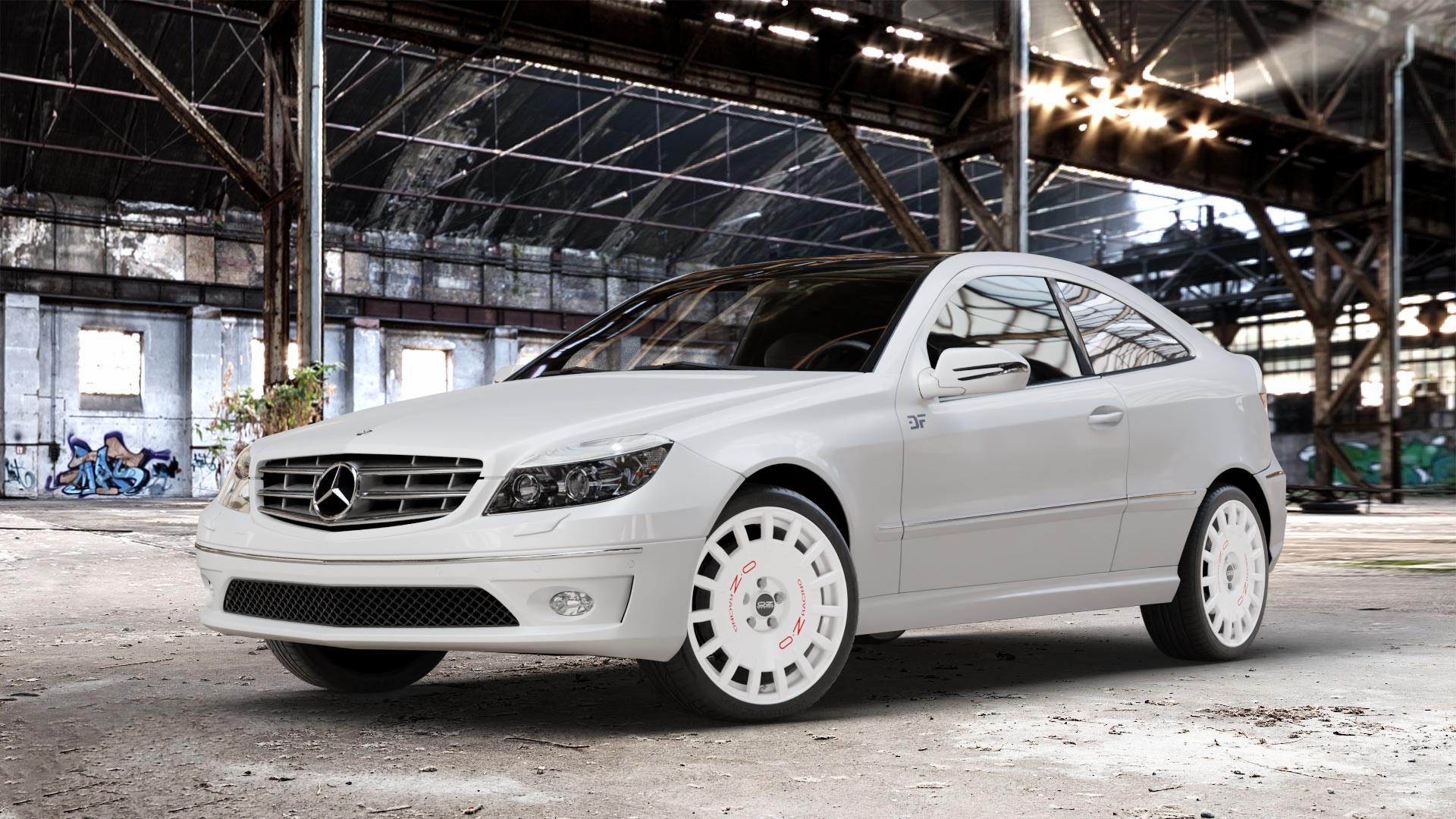 OZ RACING RALLY RACING RACE WHITE + RED LETTERING Felge mit Reifen rot weiss weiß in 18Zoll Winterfelge Alufelge auf weissem Mercedes C-Klasse Typ CL203 Coupe CLC-Klasse ⬇️ mit 15mm Tieferlegung ⬇️ Old Industrial Hall_max_4400mm_2024 Frontansicht_1