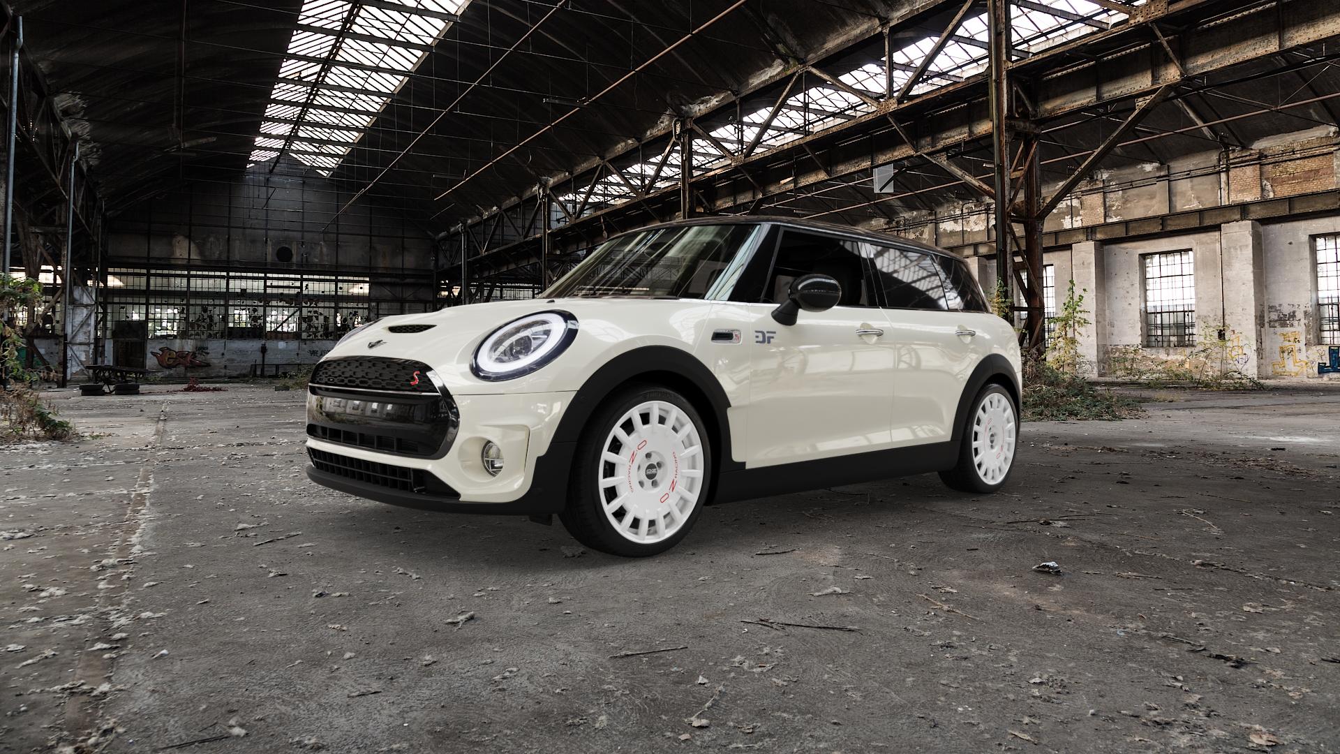 OZ RACING RALLY RACING RACE WHITE + RED LETTERING Felge mit Reifen rot weiss weiß in 18Zoll Winterfelge Alufelge auf weissem Mini F54 Typ FMK (Clubman) Facelift ⬇️ mit 15mm Tieferlegung ⬇️ Old Industrial Hall_max5000mm_2022 Frontansicht_1