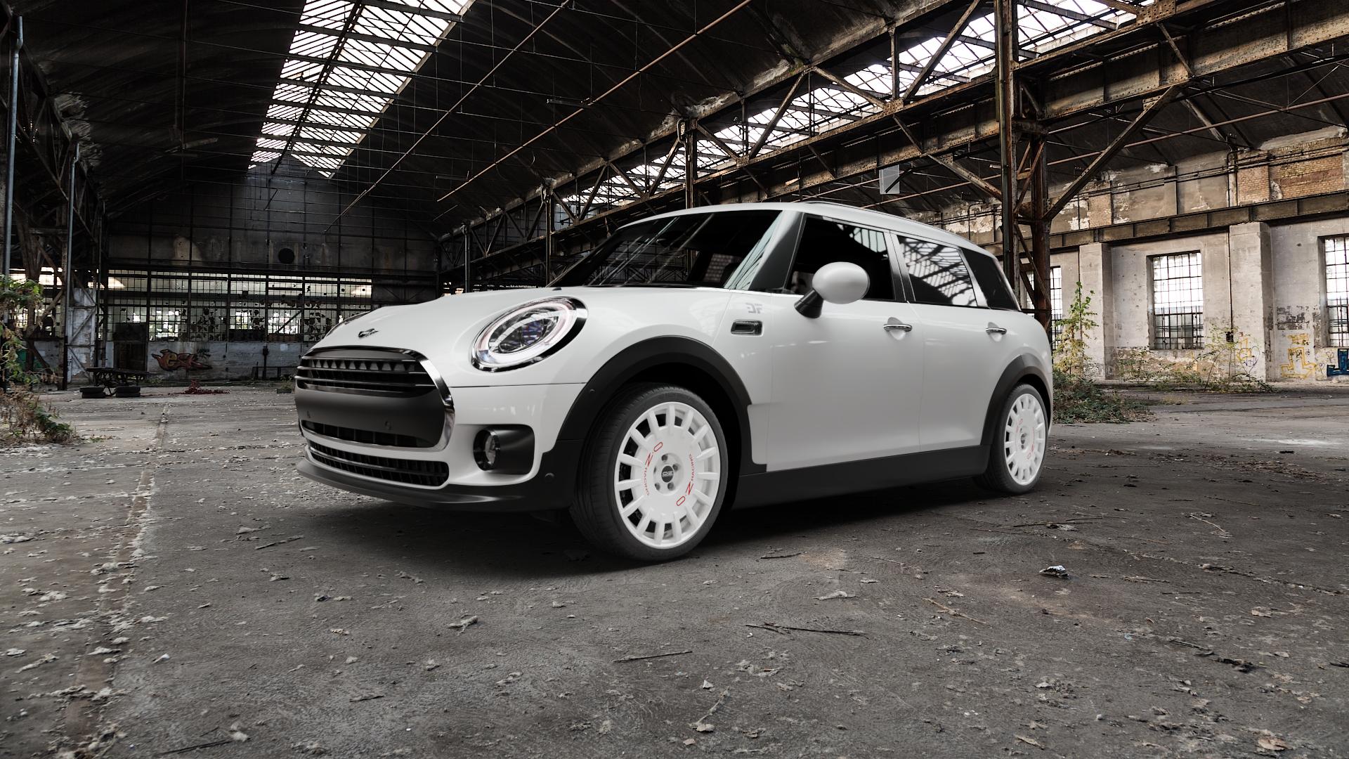 OZ RACING RALLY RACING RACE WHITE + RED LETTERING Felge mit Reifen rot weiss weiß in 18Zoll Winterfelge Alufelge auf weissem Mini F54 Typ UKL-L (Clubman) FMK ⬇️ mit 15mm Tieferlegung ⬇️ Old Industrial Hall_max5000mm_2022 Frontansicht_1