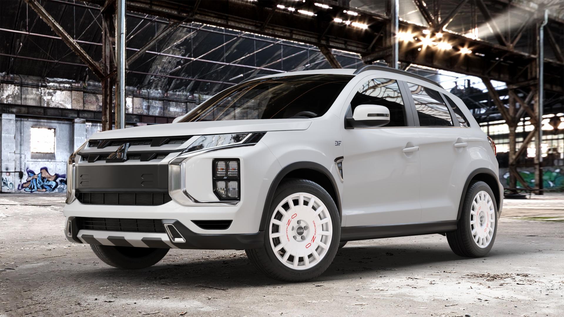 OZ RACING RALLY RACING RACE WHITE + RED LETTERING Felge mit Reifen rot weiss weiß in 18Zoll Winterfelge Alufelge auf weissem Mitsubishi ASX Typ GA0 Facelift 19-> ⬇️ mit 15mm Tieferlegung ⬇️ Old Industrial Hall_max_4400mm_2024 Frontansicht_1