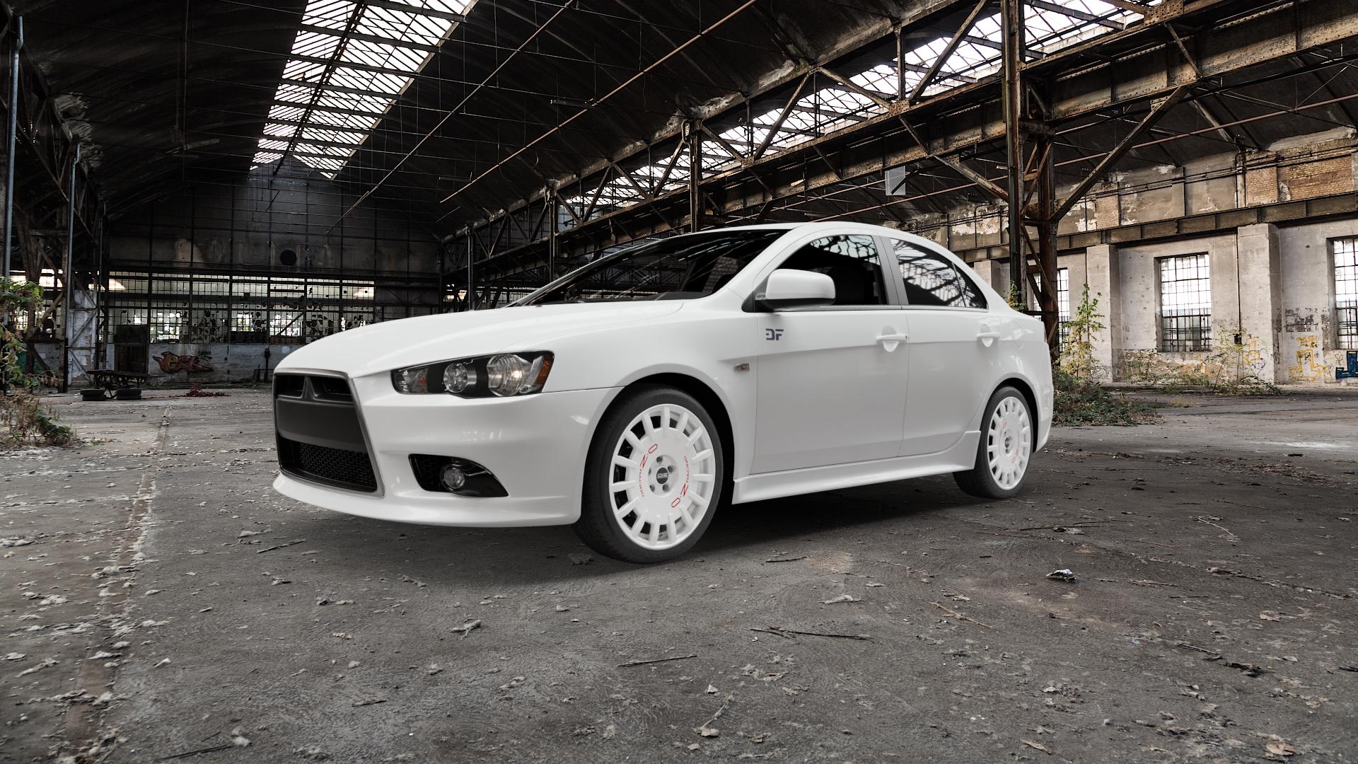 OZ RACING RALLY RACING RACE WHITE + RED LETTERING Felge mit Reifen rot weiss weiß in 18Zoll Winterfelge Alufelge auf weissem Mitsubishi Lancer Typ CYO Stufenheck Sportback ⬇️ mit 15mm Tieferlegung ⬇️ Old Industrial Hall_max5000mm_2022 Frontansicht_1