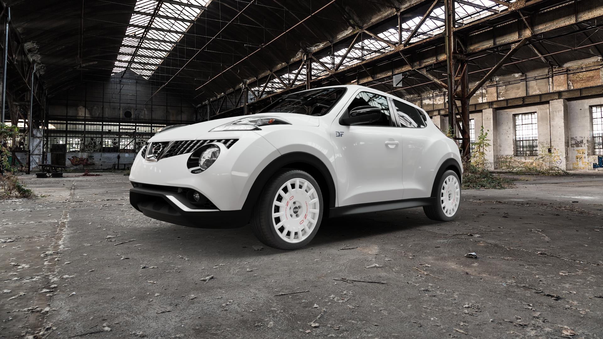 OZ RACING RALLY RACING RACE WHITE + RED LETTERING Felge mit Reifen rot weiss weiß in 18Zoll Winterfelge Alufelge auf weissem Nissan Juke Typ F15 Facelift ⬇️ mit 15mm Tieferlegung ⬇️ Old Industrial Hall_max5000mm_2022 Frontansicht_1