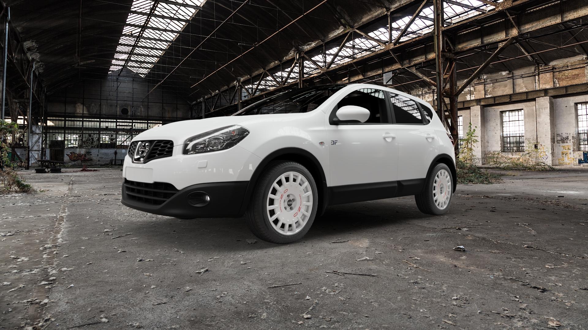 OZ RACING RALLY RACING RACE WHITE + RED LETTERING Felge mit Reifen rot weiss weiß in 18Zoll Winterfelge Alufelge auf weissem Nissan Qashqai Typ J10 +2 ⬇️ mit 15mm Tieferlegung ⬇️ Old Industrial Hall_max5000mm_2022 Frontansicht_1