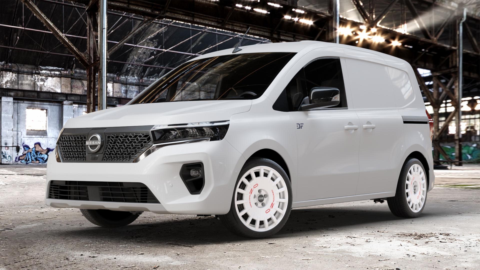 OZ RACING RALLY RACING RACE WHITE + RED LETTERING Felge mit Reifen rot weiss weiß in 18Zoll Winterfelge Alufelge auf weissem Nissan Townstar Kastenwagen Typ NFK ⬇️ mit 15mm Tieferlegung ⬇️ Old Industrial Hall_max_4400mm_2024 Frontansicht_1