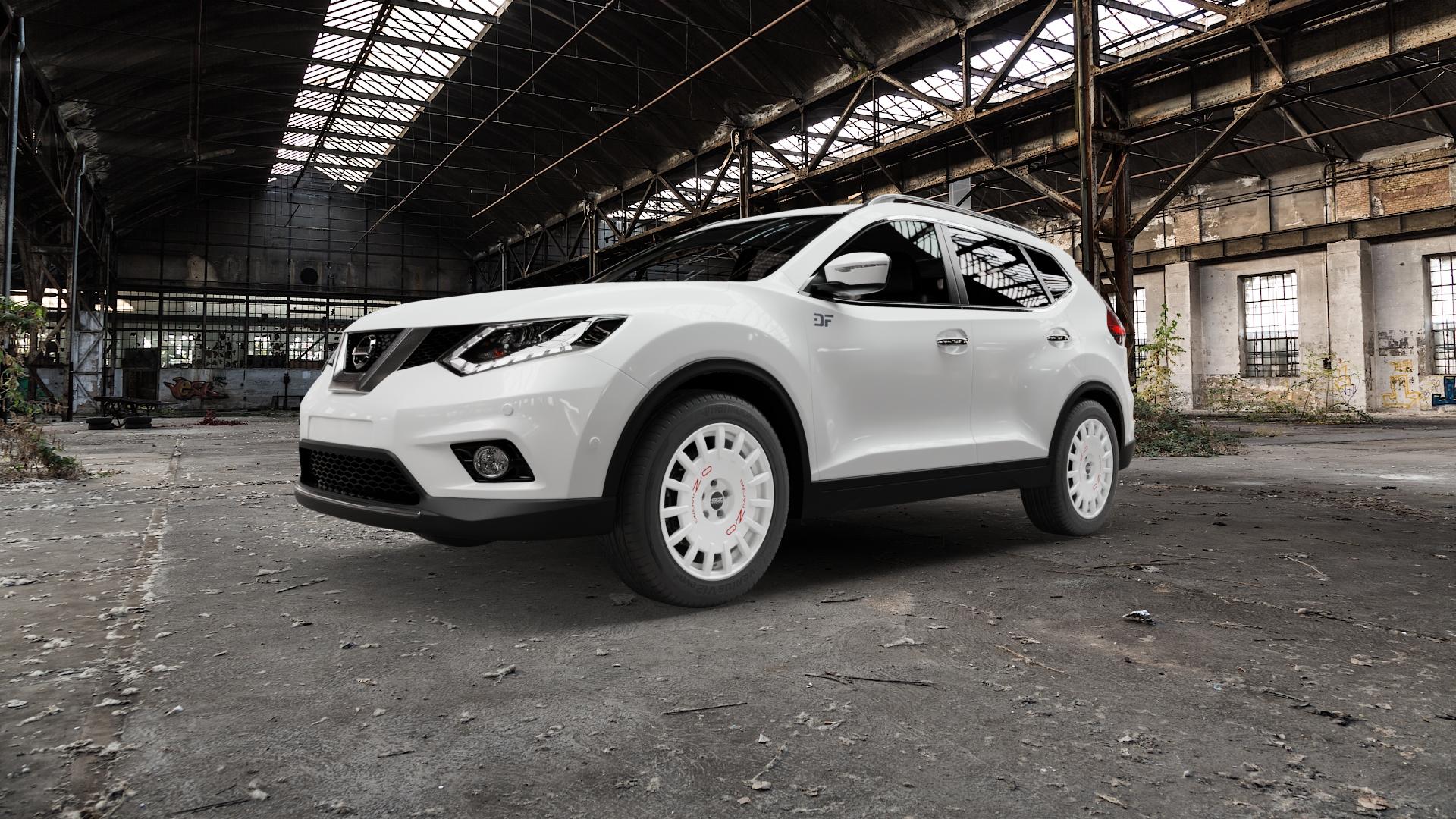 OZ RACING RALLY RACING RACE WHITE + RED LETTERING Felge mit Reifen rot weiss weiß in 18Zoll Winterfelge Alufelge auf weissem Nissan X-Trail Typ T32 ⬇️ mit 15mm Tieferlegung ⬇️ Old Industrial Hall_max5000mm_2022 Frontansicht_1