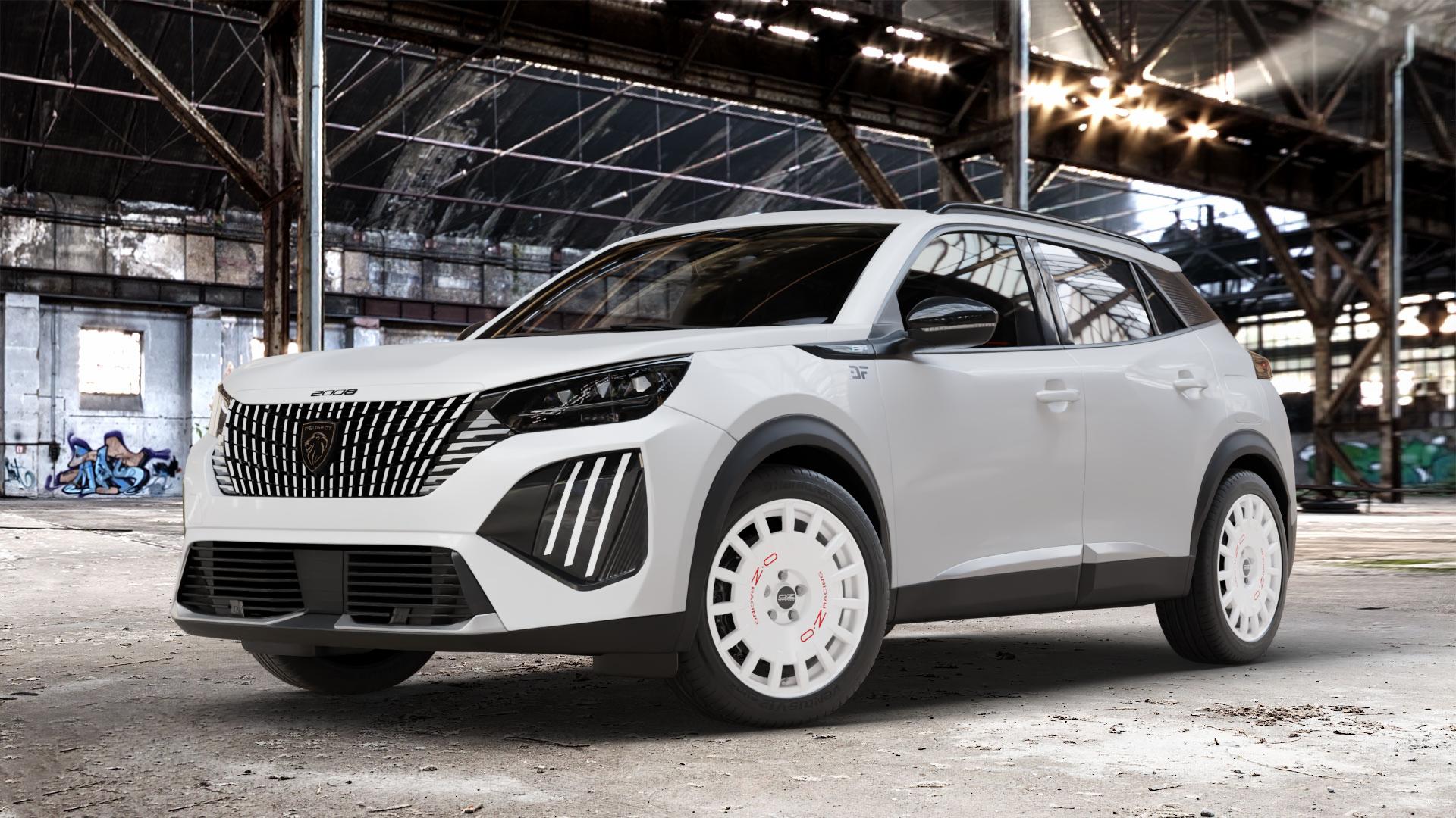 OZ RACING RALLY RACING RACE WHITE + RED LETTERING Felge mit Reifen rot weiss weiß in 18Zoll Winterfelge Alufelge auf weissem Peugeot 2008 Typ U Facelift ⬇️ mit 15mm Tieferlegung ⬇️ Old Industrial Hall_max_4400mm_2024 Frontansicht_1