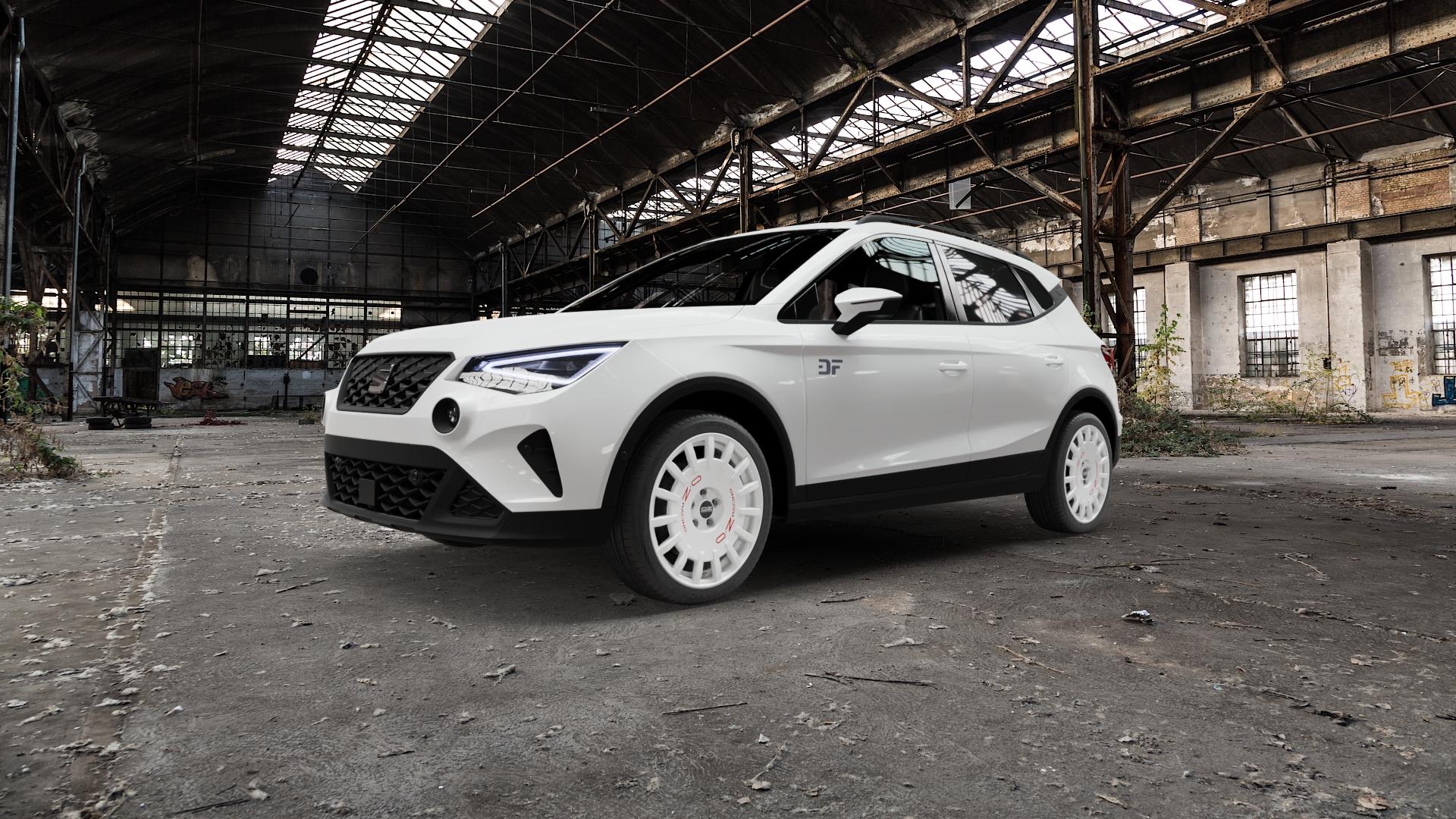 OZ RACING RALLY RACING RACE WHITE + RED LETTERING Felge mit Reifen rot weiss weiß in 18Zoll Winterfelge Alufelge auf weissem Seat Arona Typ KJ Facelift ⬇️ mit 15mm Tieferlegung ⬇️ Old Industrial Hall_max5000mm_2022 Frontansicht_1