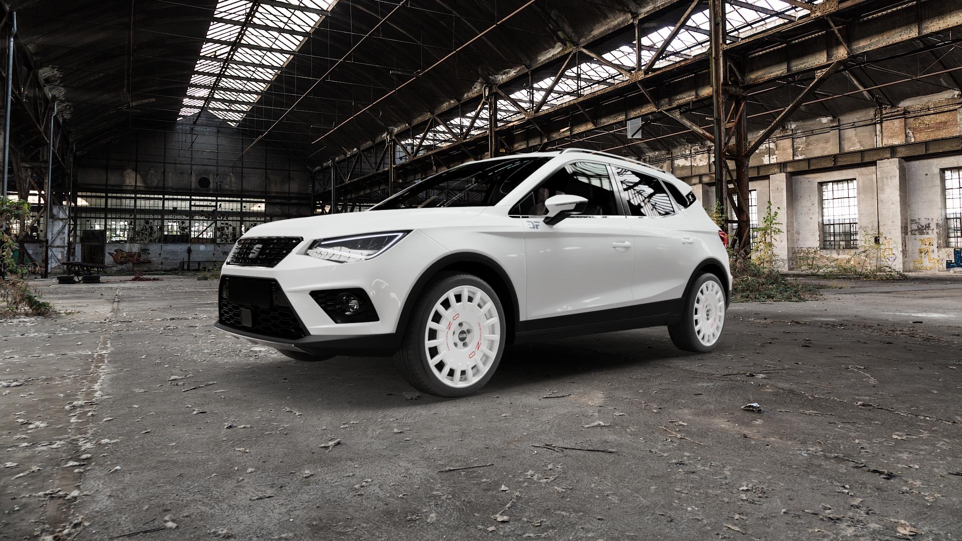 OZ RACING RALLY RACING RACE WHITE + RED LETTERING Felge mit Reifen rot weiss weiß in 18Zoll Winterfelge Alufelge auf weissem Seat Arona Typ KJ ⬇️ mit 15mm Tieferlegung ⬇️ Old Industrial Hall_max5000mm_2022 Frontansicht_1