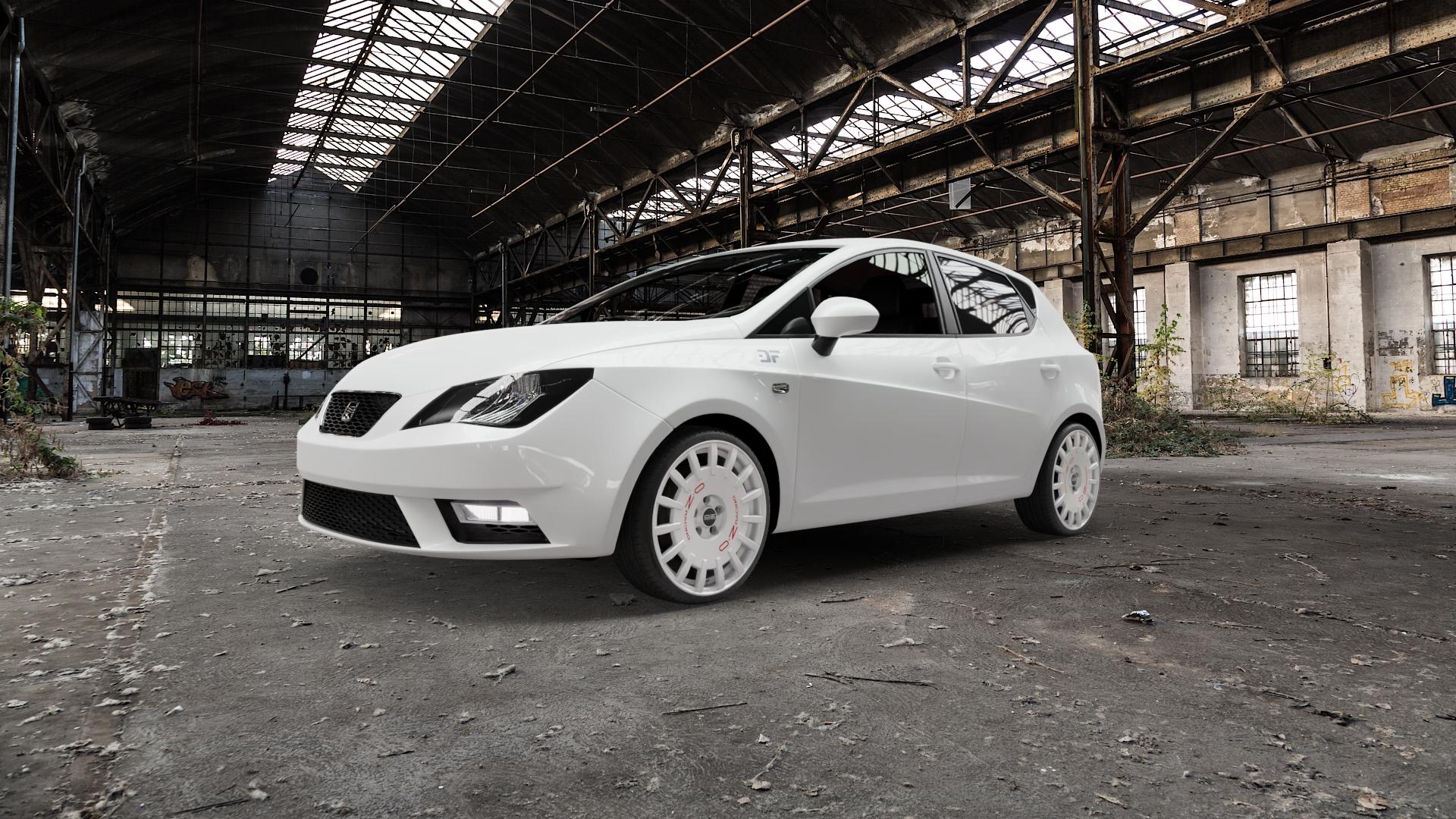 OZ RACING RALLY RACING RACE WHITE + RED LETTERING Felge mit Reifen rot weiss weiß in 18Zoll Winterfelge Alufelge auf weissem Seat Ibiza IV Typ 6J Facelift ⬇️ mit 15mm Tieferlegung ⬇️ Old Industrial Hall_max5000mm_2022 Frontansicht_1
