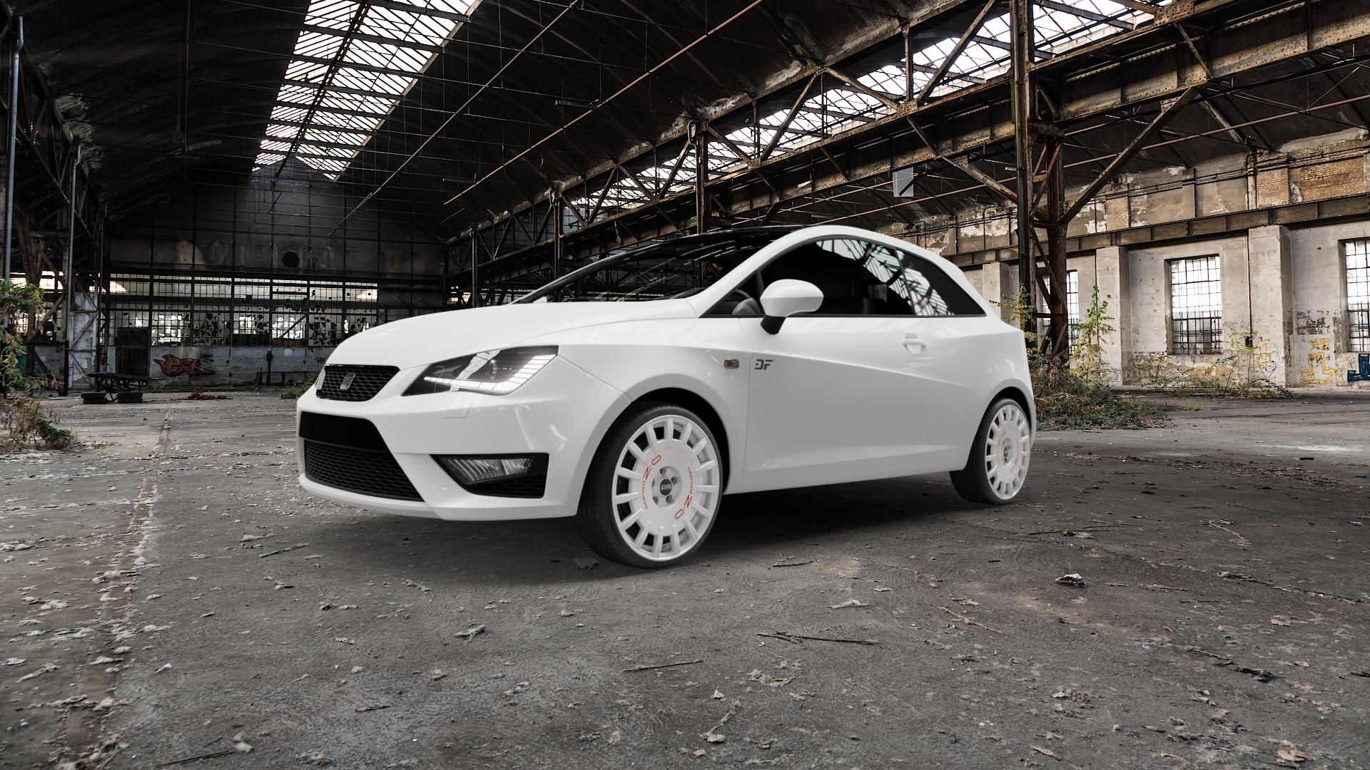 OZ RACING RALLY RACING RACE WHITE + RED LETTERING Felge mit Reifen rot weiss weiß in 18Zoll Winterfelge Alufelge auf weissem Seat Ibiza IV Typ 6J SC Facelift ⬇️ mit 15mm Tieferlegung ⬇️ Old Industrial Hall_max5000mm_2022 Frontansicht_1