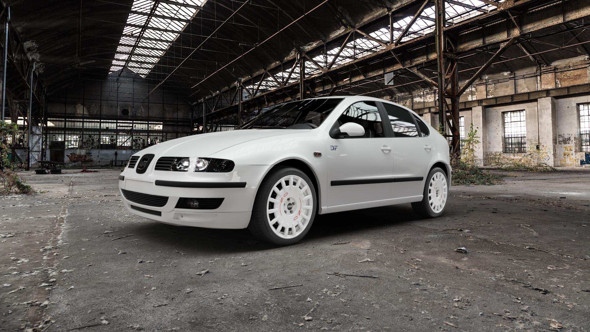 OZ RACING RALLY RACING RACE WHITE + RED LETTERING Felge mit Reifen rot weiss weiß in 18Zoll Winterfelge Alufelge auf weissem Seat Leon Typ 1M ⬇️ mit 15mm Tieferlegung ⬇️ Old Industrial Hall_max5000mm_2022 Frontansicht_1