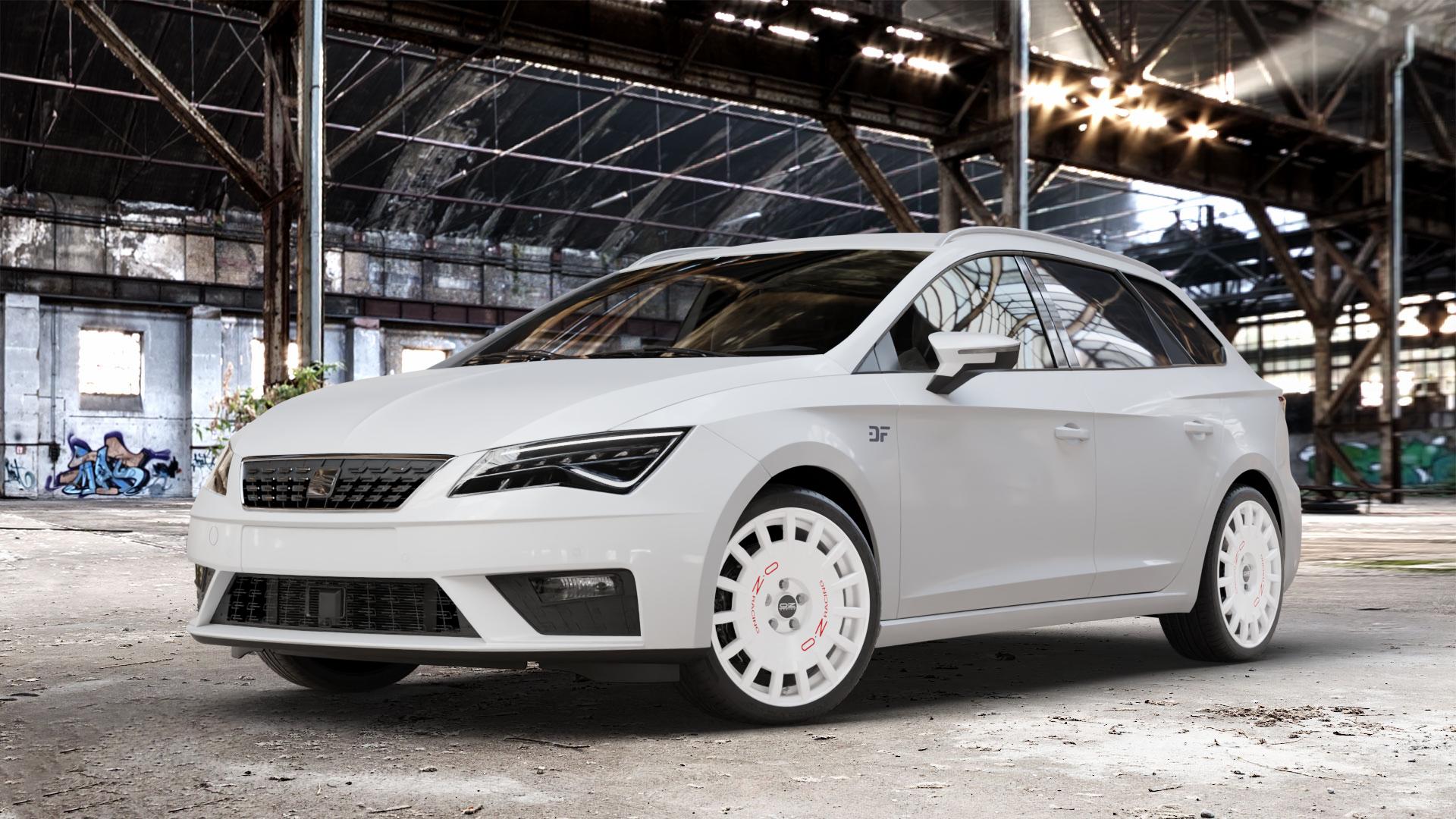 OZ RACING RALLY RACING RACE WHITE + RED LETTERING Felge mit Reifen rot weiss weiß in 18Zoll Winterfelge Alufelge auf weissem Seat Leon Typ 5F ST Facelift ⬇️ mit 15mm Tieferlegung ⬇️ Old Industrial Hall_max_4400mm_2024 Frontansicht_1