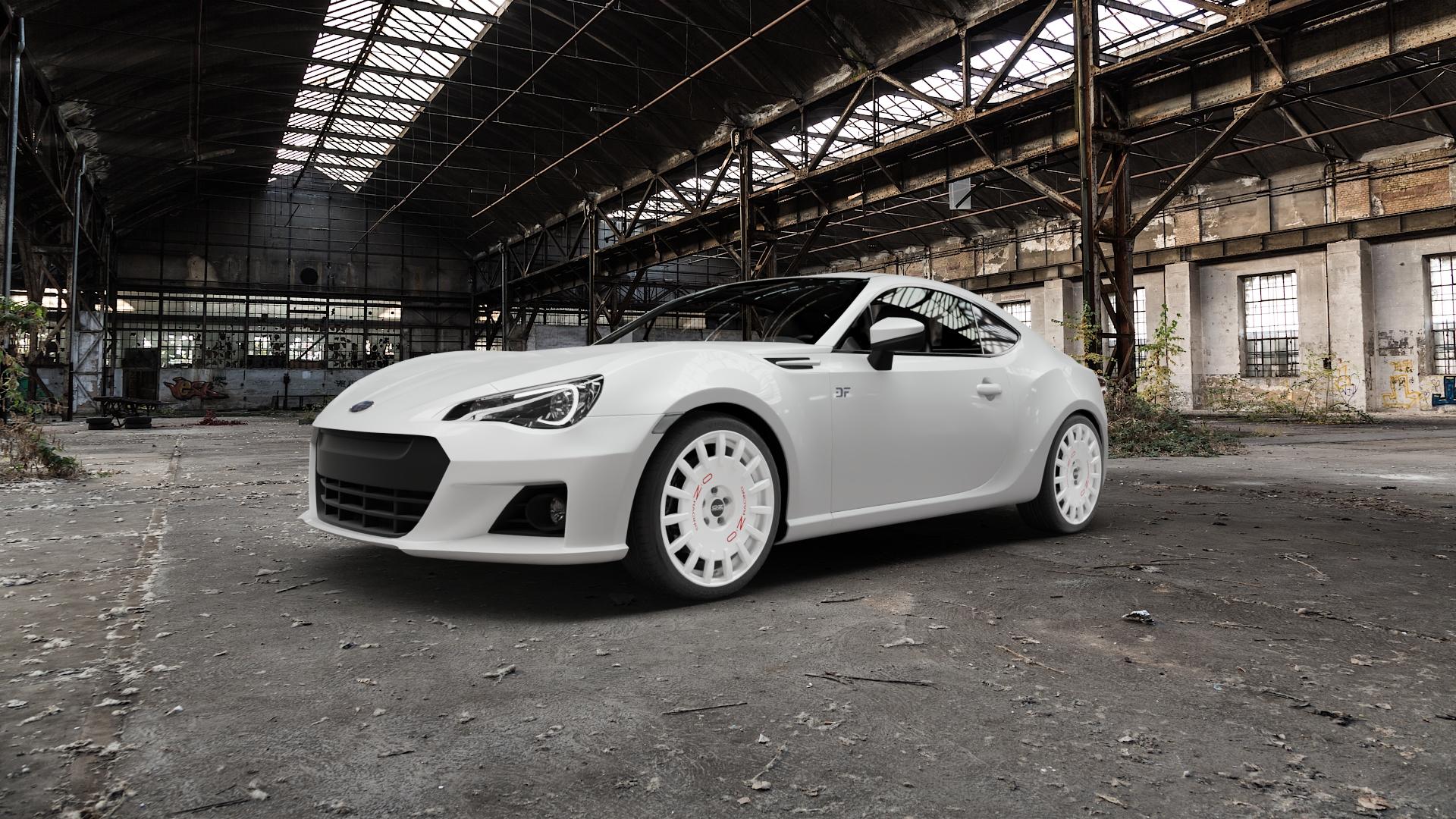 OZ RACING RALLY RACING RACE WHITE + RED LETTERING Felge mit Reifen rot weiss weiß in 18Zoll Winterfelge Alufelge auf weissem Subaru BRZ Typ ZC Facelift ⬇️ mit 15mm Tieferlegung ⬇️ Old Industrial Hall_max5000mm_2022 Frontansicht_1