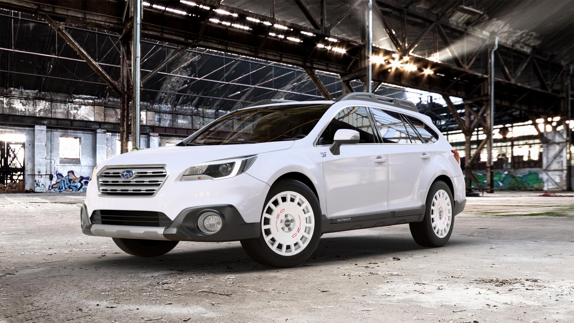 OZ RACING RALLY RACING RACE WHITE + RED LETTERING Felge mit Reifen rot weiss weiß in 18Zoll Winterfelge Alufelge auf weissem Subaru Outback Typ B6 ⬇️ mit 15mm Tieferlegung ⬇️ Old Industrial Hall_max_5300mm_2024 Frontansicht_1