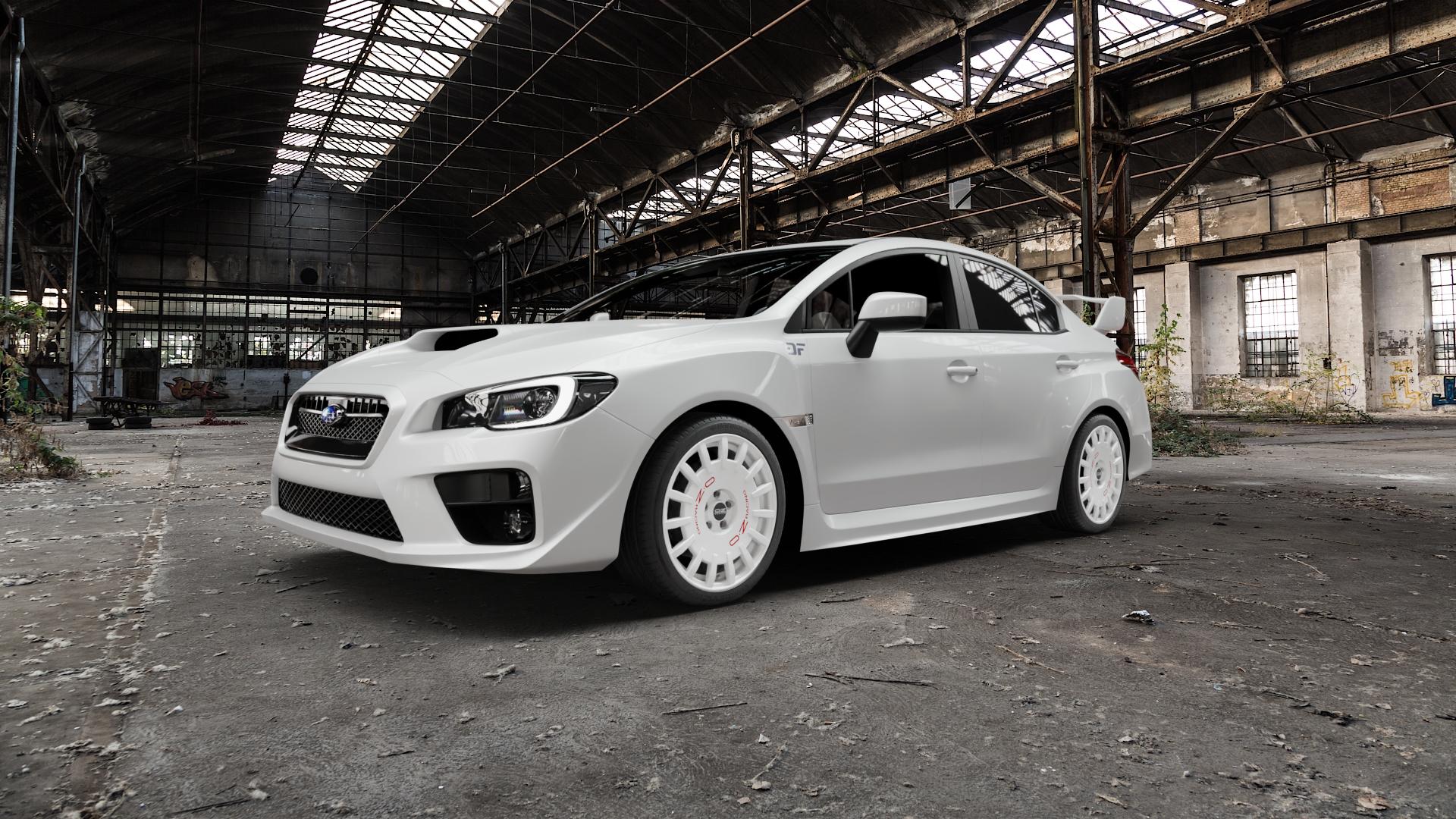 OZ RACING RALLY RACING RACE WHITE + RED LETTERING Felge mit Reifen rot weiss weiß in 18Zoll Winterfelge Alufelge auf weissem Subaru WRX Typ V1 2,5l STI AWD 221kW (300 PS) ⬇️ mit 15mm Tieferlegung ⬇️ Old Industrial Hall_max5000mm_2022 Frontansicht_1
