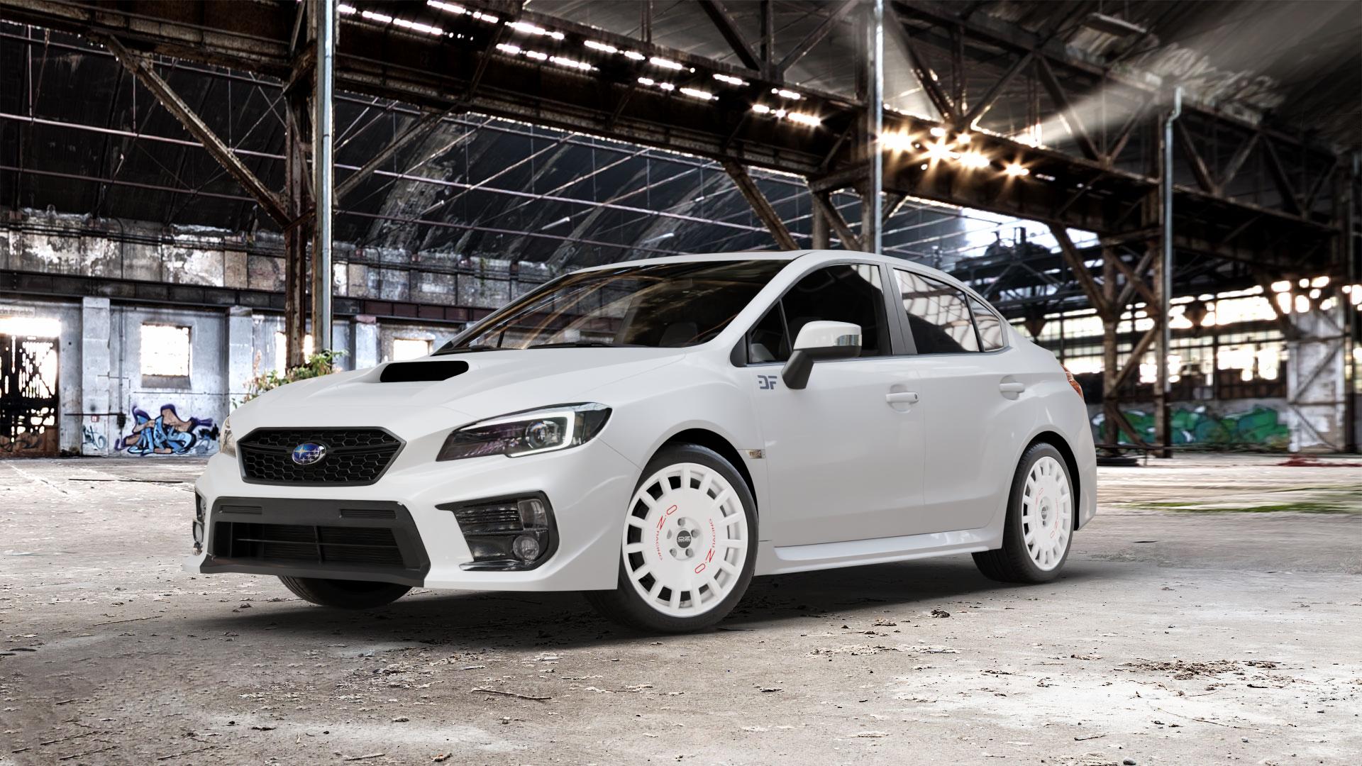 OZ RACING RALLY RACING RACE WHITE + RED LETTERING Felge mit Reifen rot weiss weiß in 18Zoll Winterfelge Alufelge auf weissem Subaru WRX Typ V1 Model 2018 ⬇️ mit 15mm Tieferlegung ⬇️ Old Industrial Hall_max_5300mm_2024 Frontansicht_1