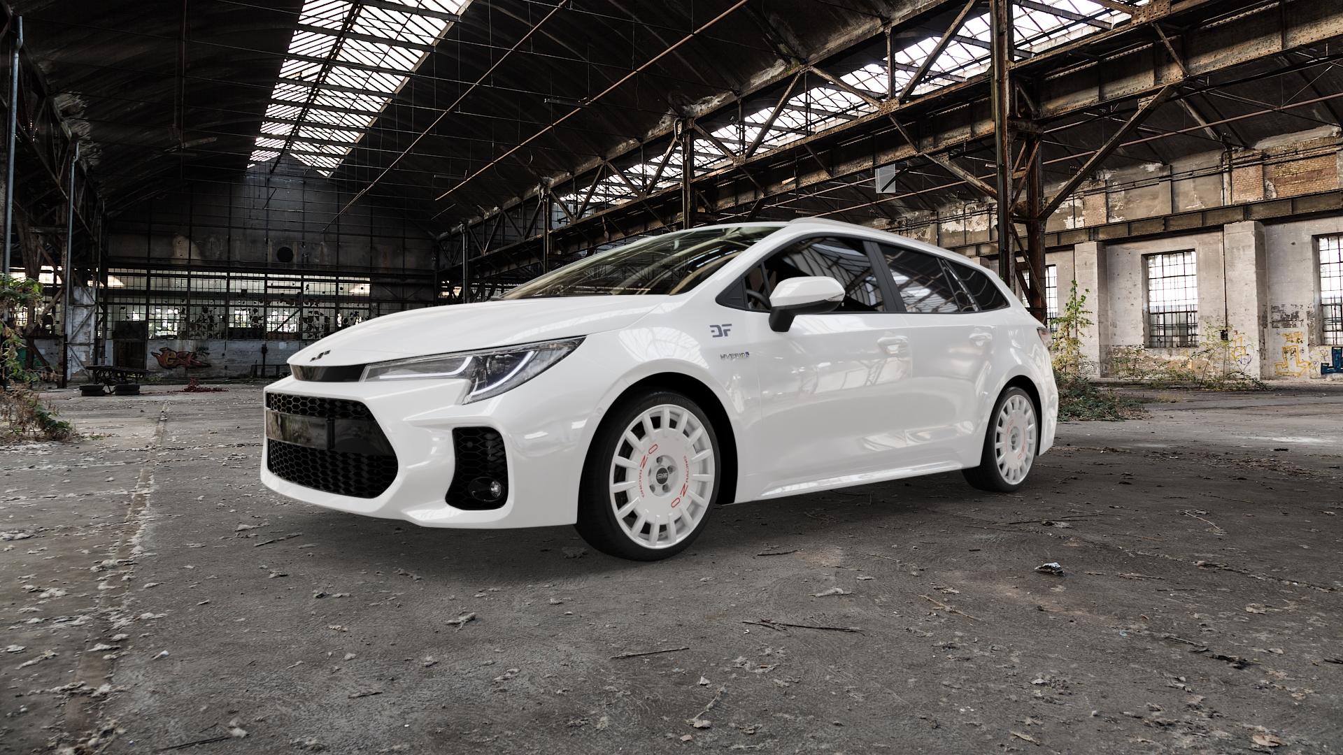 OZ RACING RALLY RACING RACE WHITE + RED LETTERING Felge mit Reifen rot weiss weiß in 18Zoll Winterfelge Alufelge auf weissem Suzuki Swace Typ ZE1HE(S)(EU,M) ⬇️ mit 15mm Tieferlegung ⬇️ Old Industrial Hall_max5000mm_2022 Frontansicht_1
