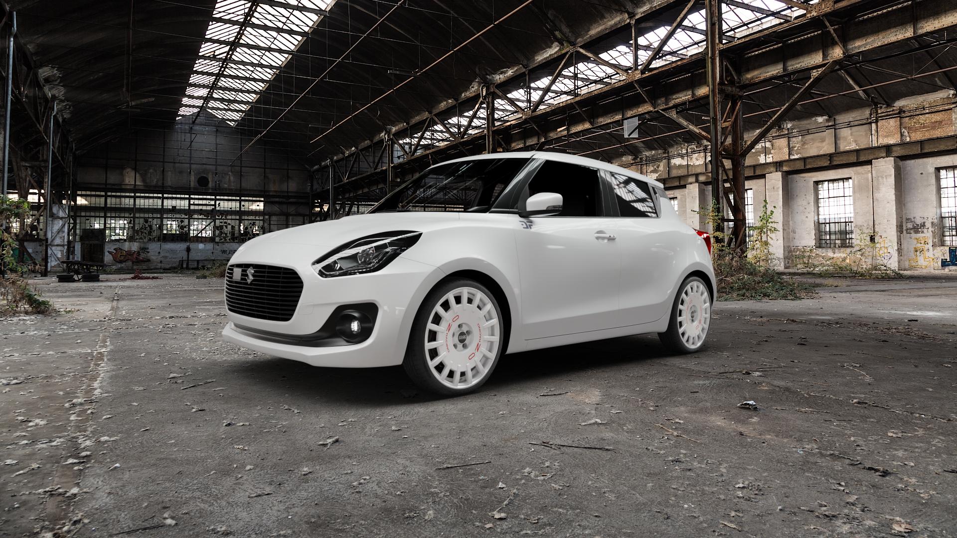 OZ RACING RALLY RACING RACE WHITE + RED LETTERING Felge mit Reifen rot weiss weiß in 18Zoll Winterfelge Alufelge auf weissem Suzuki Swift VI Typ AZ Facelift ⬇️ mit 15mm Tieferlegung ⬇️ Old Industrial Hall_max5000mm_2022 Frontansicht_1