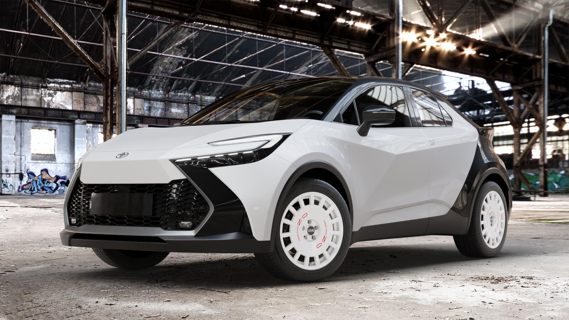 OZ RACING RALLY RACING RACE WHITE + RED LETTERING Felge mit Reifen rot weiss weiß in 18Zoll Winterfelge Alufelge auf weissem Toyota C-HR Typ AX2T(M) AX2T(M)-TGRE ⬇️ mit 15mm Tieferlegung ⬇️ Old Industrial Hall_max_4400mm_2024 Frontansicht_1