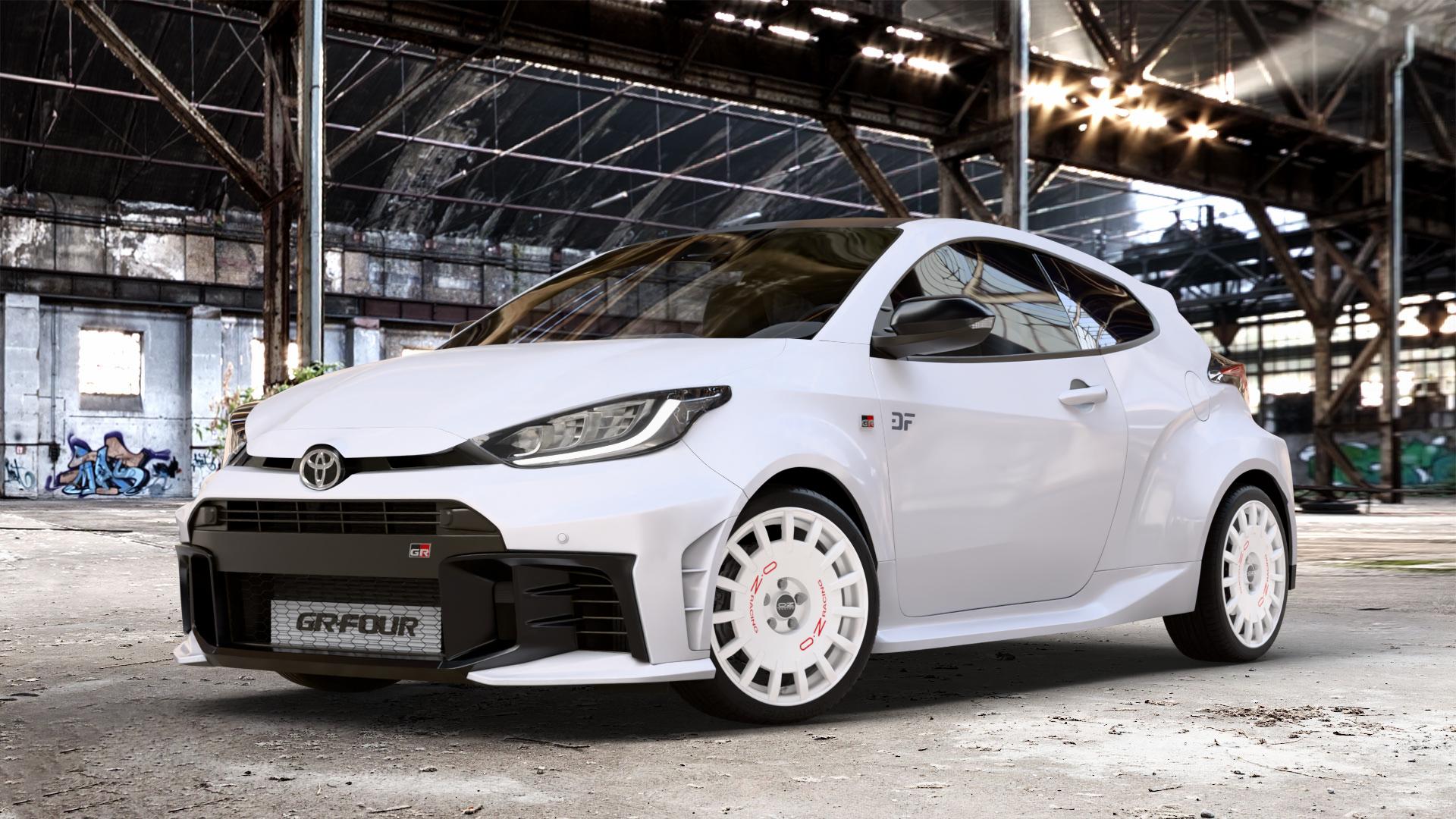 OZ RACING RALLY RACING RACE WHITE + RED LETTERING Felge mit Reifen rot weiss weiß in 18Zoll Winterfelge Alufelge auf weissem Toyota Yaris IV GR Typ XPA1G(EU,M) Facelift ⬇️ mit 15mm Tieferlegung ⬇️ Old Industrial Hall_max_4400mm_2024 Frontansicht_1