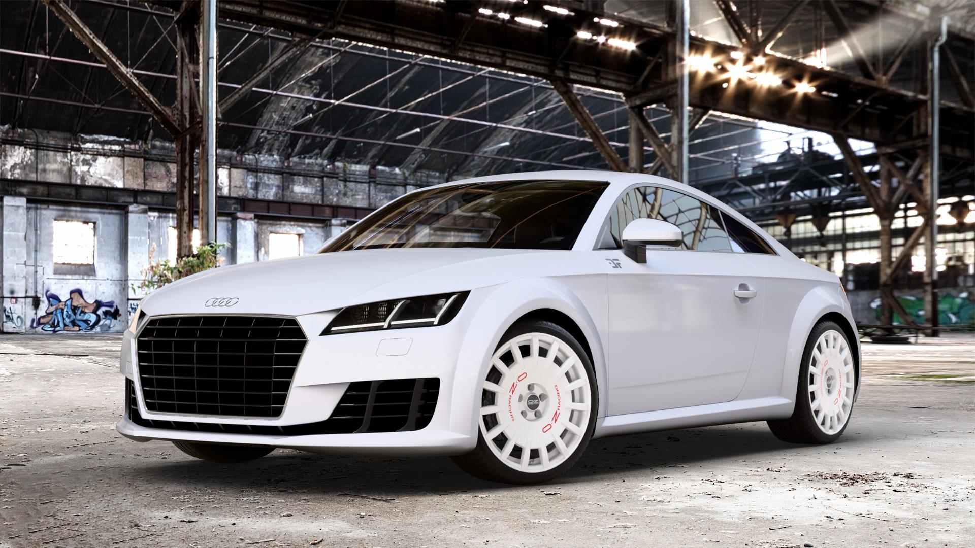 OZ RACING RALLY RACING RACE WHITE + RED LETTERING Felge mit Reifen rot weiss weiß in 19Zoll Winterfelge Alufelge auf weissem Audi TT III Typ 8S (Coupé) (Roadster) ⬇️ mit 15mm Tieferlegung ⬇️ Old Industrial Hall_max_4400mm_2024 Frontansicht_1