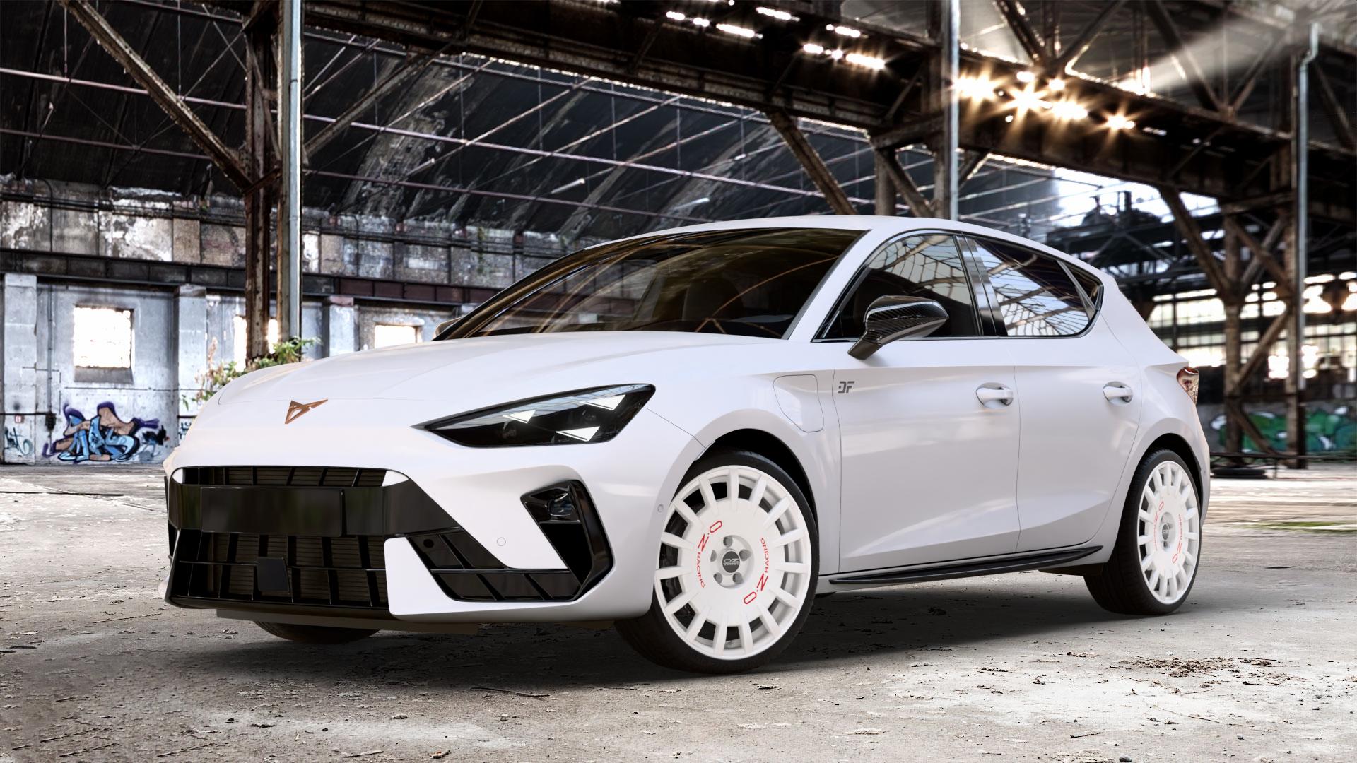 OZ RACING RALLY RACING RACE WHITE + RED LETTERING Felge mit Reifen rot weiss weiß in 19Zoll Winterfelge Alufelge auf weissem Cupra Leon Typ KL Facelift ⬇️ mit 15mm Tieferlegung ⬇️ Old Industrial Hall_max_4400mm_2024 Frontansicht_1