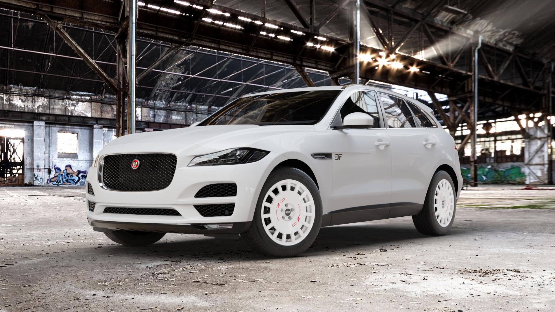 OZ RACING RALLY RACING RACE WHITE + RED LETTERING Felge mit Reifen rot weiss weiß in 19Zoll Winterfelge Alufelge auf weissem Jaguar F-Pace Typ DC ⬇️ mit 15mm Tieferlegung ⬇️ Old Industrial Hall_max_5300mm_2024 Frontansicht_1