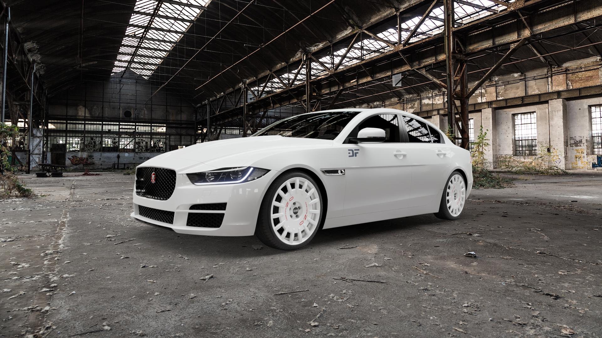 OZ RACING RALLY RACING RACE WHITE + RED LETTERING Felge mit Reifen rot weiss weiß in 19Zoll Winterfelge Alufelge auf weissem Jaguar XE Typ JA ⬇️ mit 15mm Tieferlegung ⬇️ Old Industrial Hall_max5000mm_2022 Frontansicht_1
