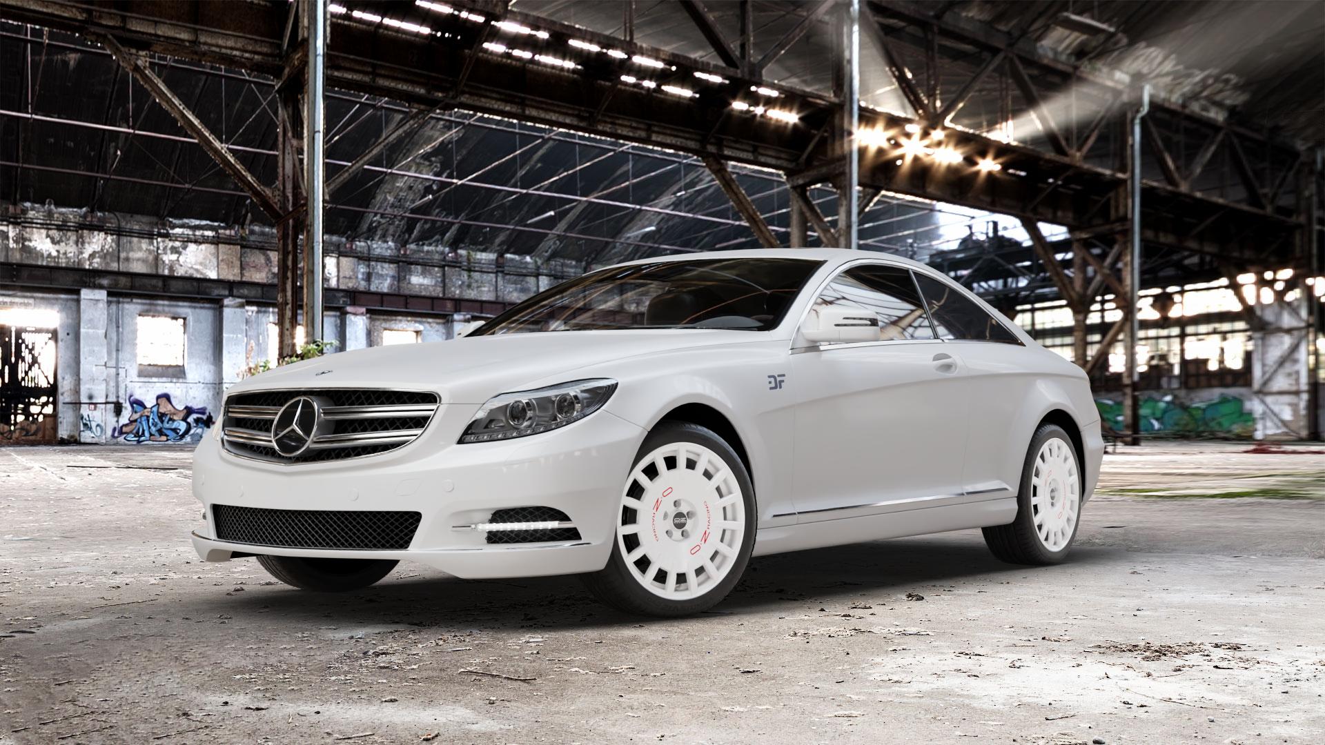 OZ RACING RALLY RACING RACE WHITE + RED LETTERING Felge mit Reifen rot weiss weiß in 19Zoll Winterfelge Alufelge auf weissem Mercedes CL-Klasse Typ C216 ⬇️ mit 15mm Tieferlegung ⬇️ Old Industrial Hall_max_5300mm_2024 Frontansicht_1