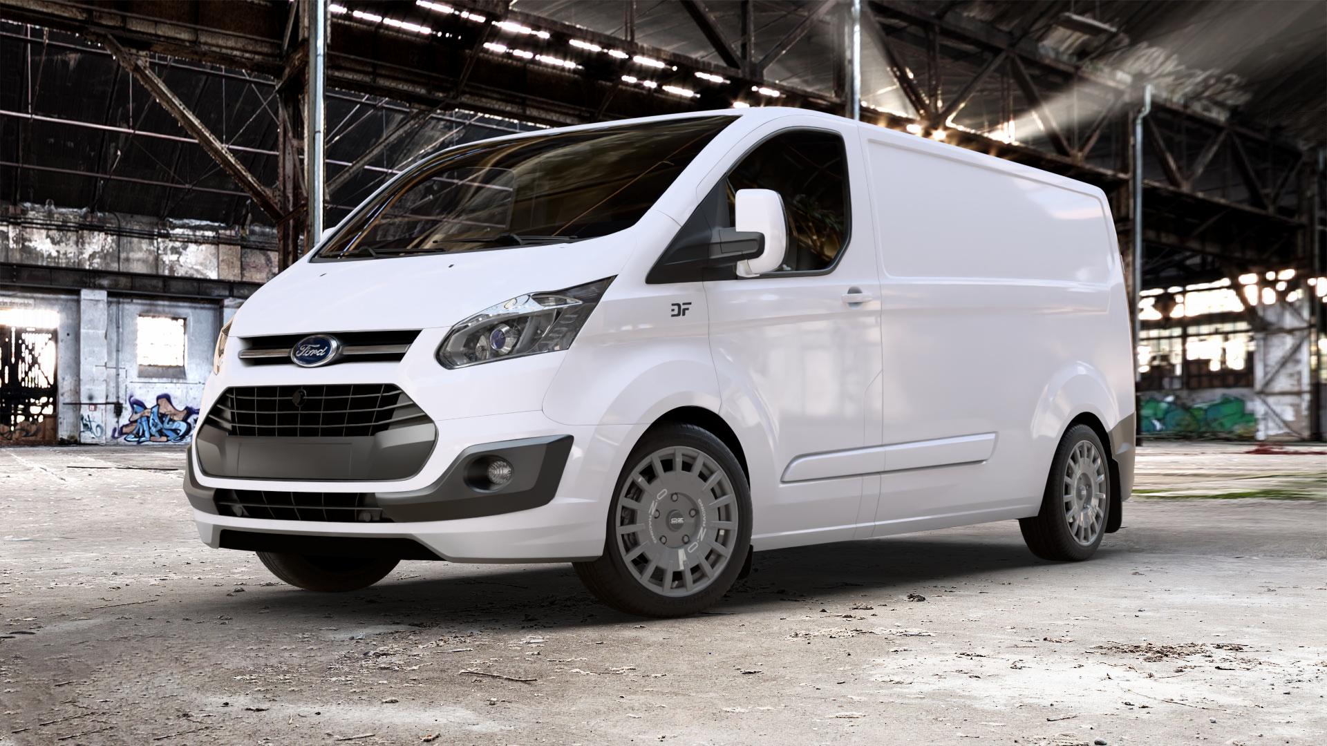 OZ RACING RALLY RACING VAN DARK GRAPHITE SILVER LETTERING Felge mit Reifen grau silber in 18Zoll Winterfelge Alufelge auf weissem Ford Transit Custom Typ FCC (12->) ⬇️ mit 15mm Tieferlegung ⬇️ Old Industrial Hall_max_5300mm_2024 Frontansicht_1