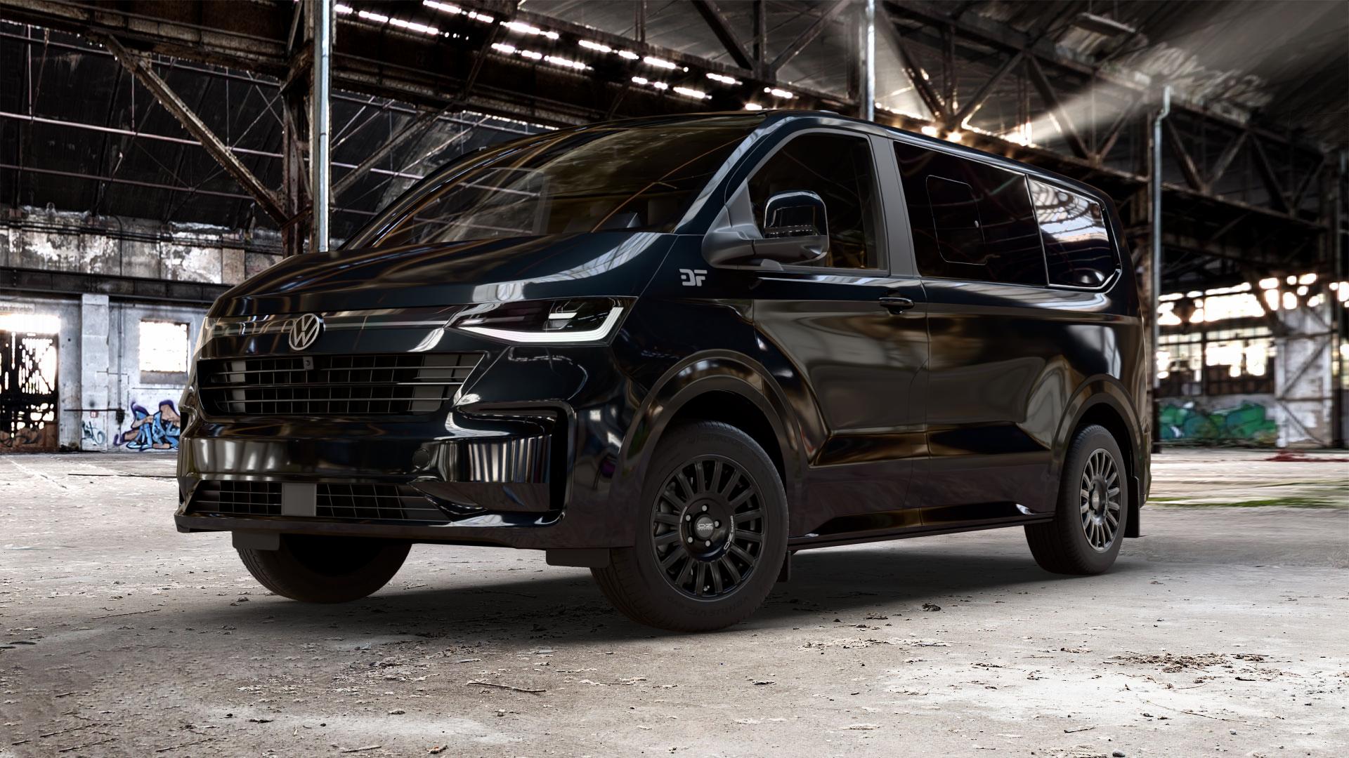OZ RACING RALLY RAID MATT BLACK + SILVER LETTERING Felge mit Reifen silber schwarz schwarz matt in 17Zoll Winterfelge Alufelge auf schwarzem Volkswagen (VW) T7 Caravelle ⬇️ mit 15mm Tieferlegung ⬇️ Old Industrial Hall_max_5300mm_2024 Frontansicht_1