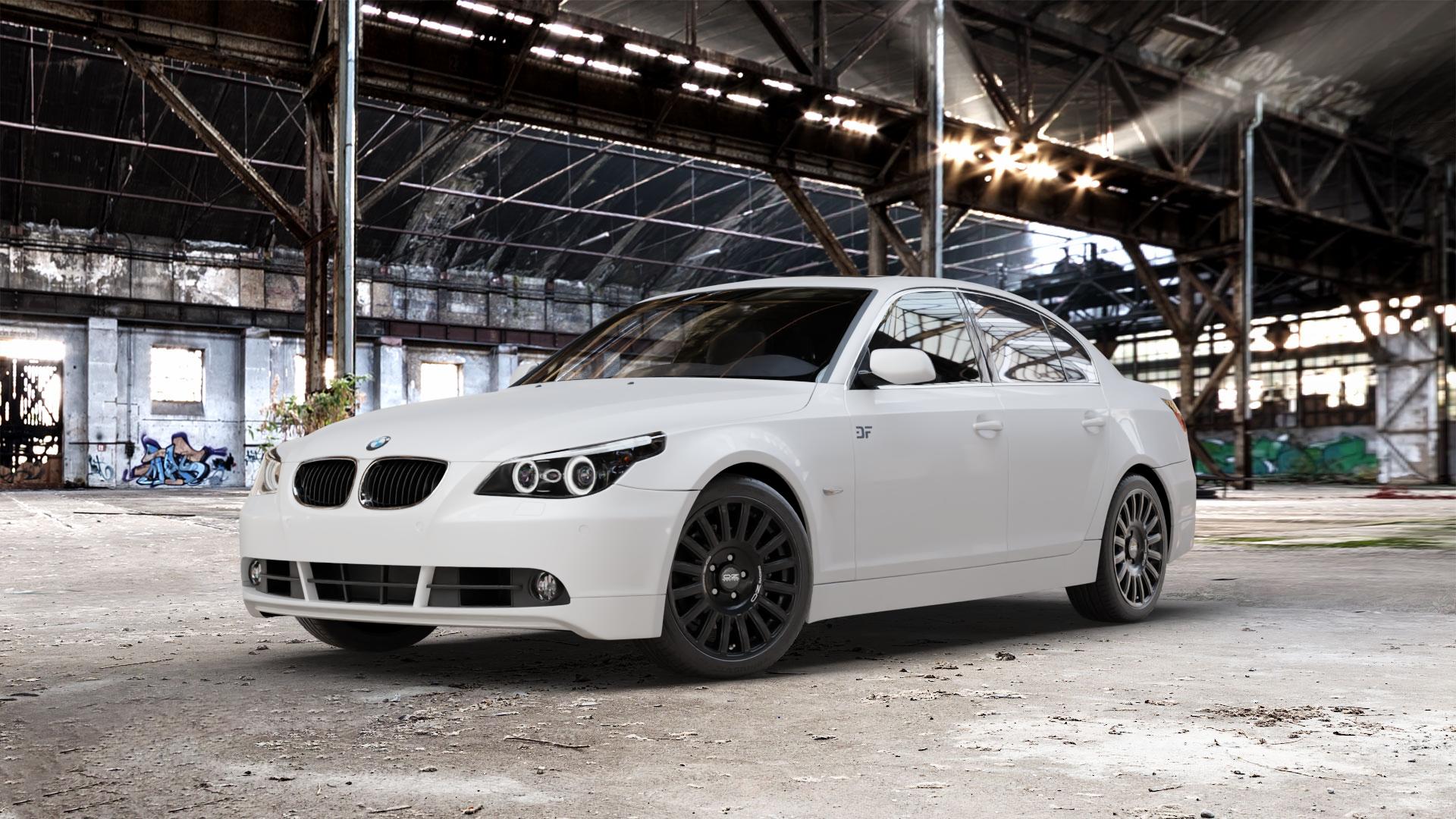 OZ RACING RALLY RAID MATT BLACK + SILVER LETTERING Felge mit Reifen silber schwarz schwarz matt in 18Zoll Winterfelge Alufelge auf weissem BMW 520i Typ E60 (Limousine) 525i 530i 530d 525d M5 535d 545i 523i 540i 550i 520d 525xd 530xd 530xi 525xi 5er Limousine (560L, 560X) ⬇️ mit 15mm Tieferlegung ⬇️ Old Industrial Hall_max_5300mm_2024 Frontansicht_1