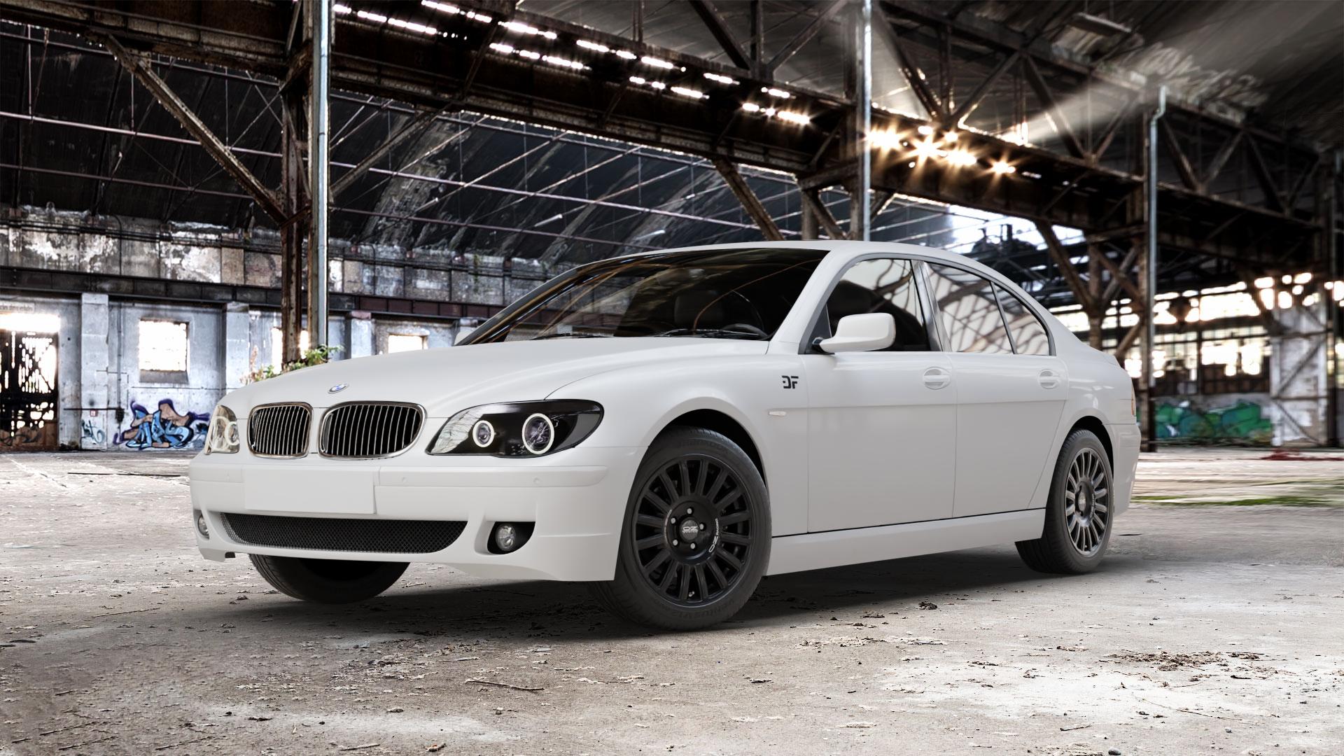 OZ RACING RALLY RAID MATT BLACK + SILVER LETTERING Felge mit Reifen silber schwarz schwarz matt in 18Zoll Winterfelge Alufelge auf weissem BMW 7er E65 Limousine (765, 767) E66 lang ⬇️ mit 15mm Tieferlegung ⬇️ Old Industrial Hall_max_5300mm_2024 Frontansicht_1