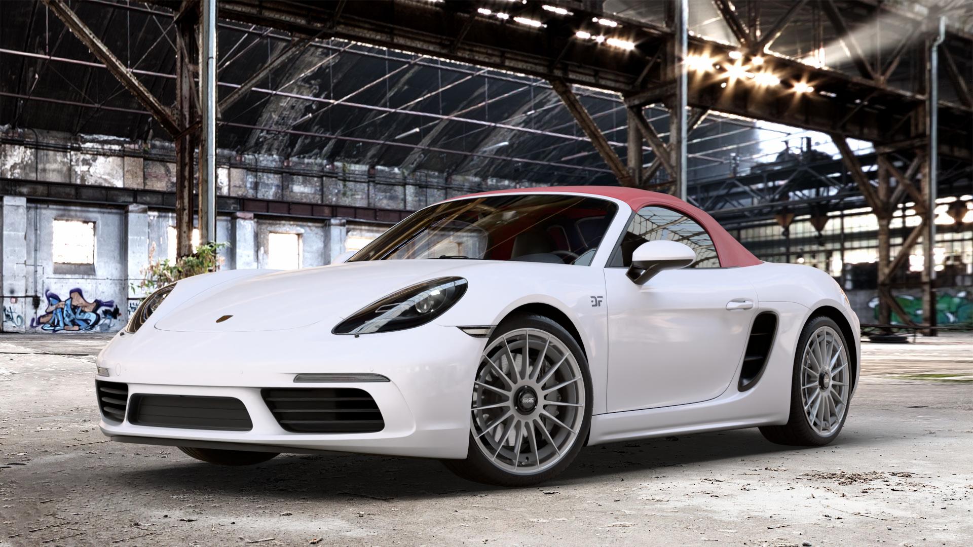 OZ RACING SUPERTURISMO AERO STAR GRAPHITE Felge mit Reifen grau anthrazit grau/silber in 20Zoll Winterfelge Alufelge auf weissem Porsche 718 Boxster Typ 982 ⬇️ mit 15mm Tieferlegung ⬇️ Old Industrial Hall_max_4400mm_2024 Frontansicht_1