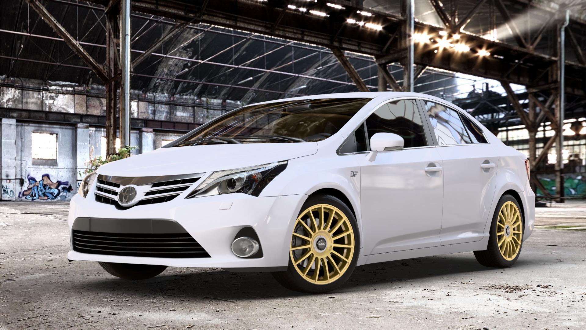 OZ RACING SUPERTURISMO EVOLUZIONE RACE GOLD + BLACK LETTERING Felge mit Reifen in 18Zoll Winterfelge Alufelge auf weissem Toyota Avensis Limousine Typ T27 Facelift 12-> ⬇️ mit 15mm Tieferlegung ⬇️ Old Industrial Hall_max_4400mm_2024 Frontansicht_1