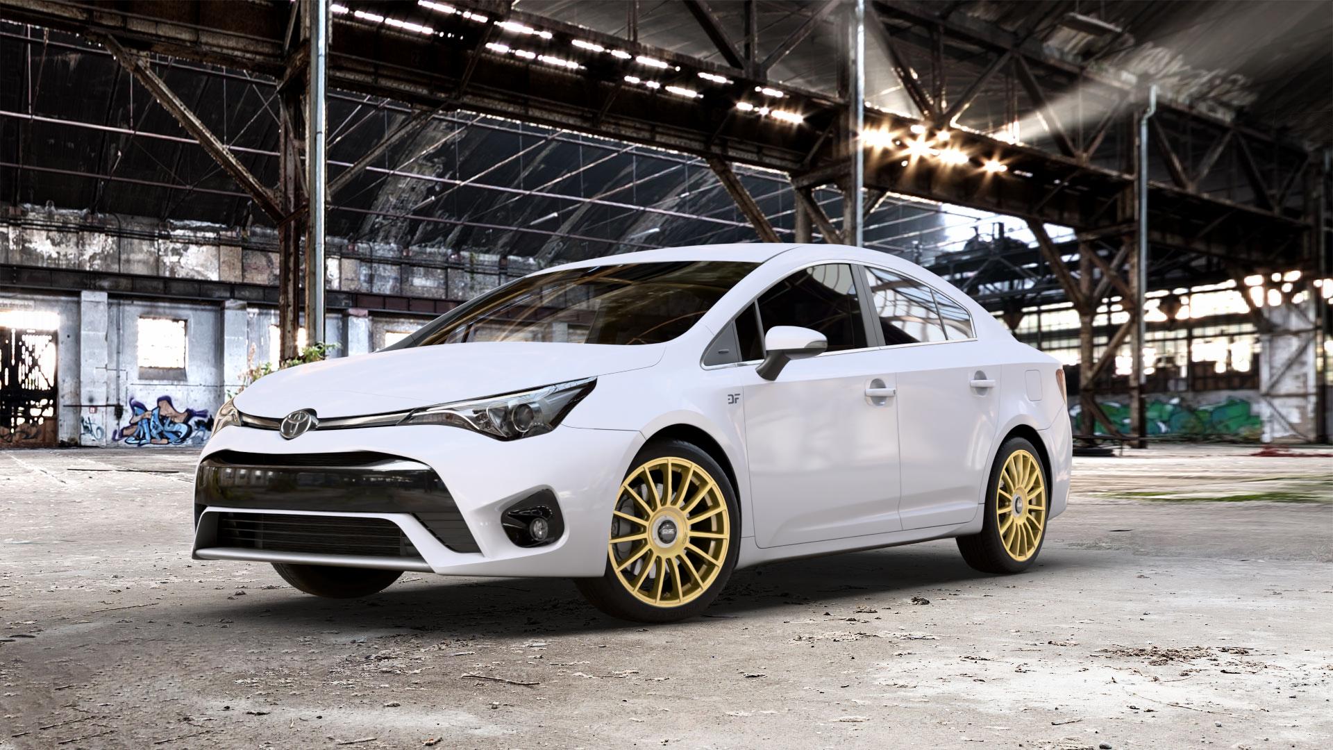 OZ RACING SUPERTURISMO EVOLUZIONE RACE GOLD + BLACK LETTERING Felge mit Reifen in 18Zoll Winterfelge Alufelge auf weissem Toyota Avensis Limousine Typ T27 Facelift 15-> ⬇️ mit 15mm Tieferlegung ⬇️ Old Industrial Hall_max_5300mm_2024 Frontansicht_1