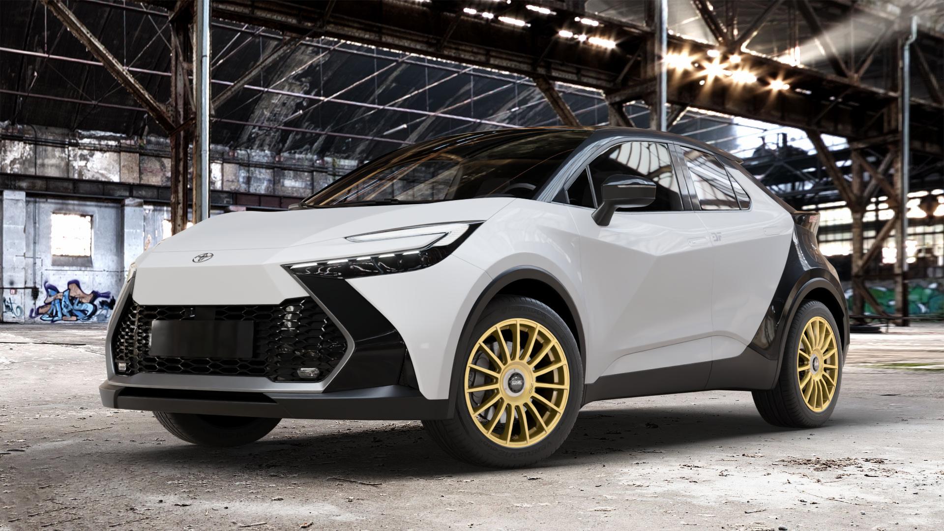 OZ RACING SUPERTURISMO EVOLUZIONE RACE GOLD + BLACK LETTERING Felge mit Reifen in 18Zoll Winterfelge Alufelge auf weissem Toyota C-HR Typ AX2T(M) AX2T(M)-TGRE ⬇️ mit 15mm Tieferlegung ⬇️ Old Industrial Hall_max_4400mm_2024 Frontansicht_1