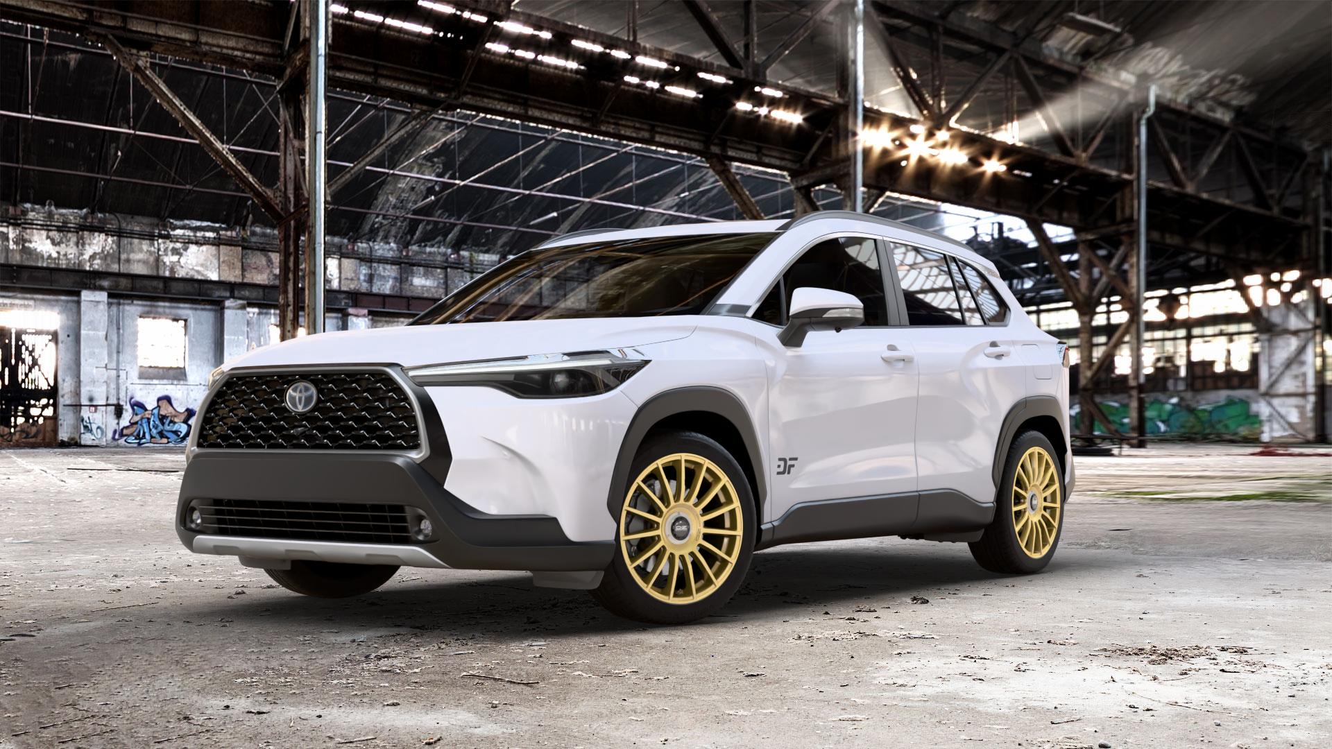 OZ RACING SUPERTURISMO EVOLUZIONE RACE GOLD + BLACK LETTERING Felge mit Reifen in 18Zoll Winterfelge Alufelge auf weissem Toyota Corolla Cross Typ XG1TJ(JP,M) XG1TJ(JP,M)-TGRE Facelift ⬇️ mit 15mm Tieferlegung ⬇️ Old Industrial Hall_max_5300mm_2024 Frontansicht_1