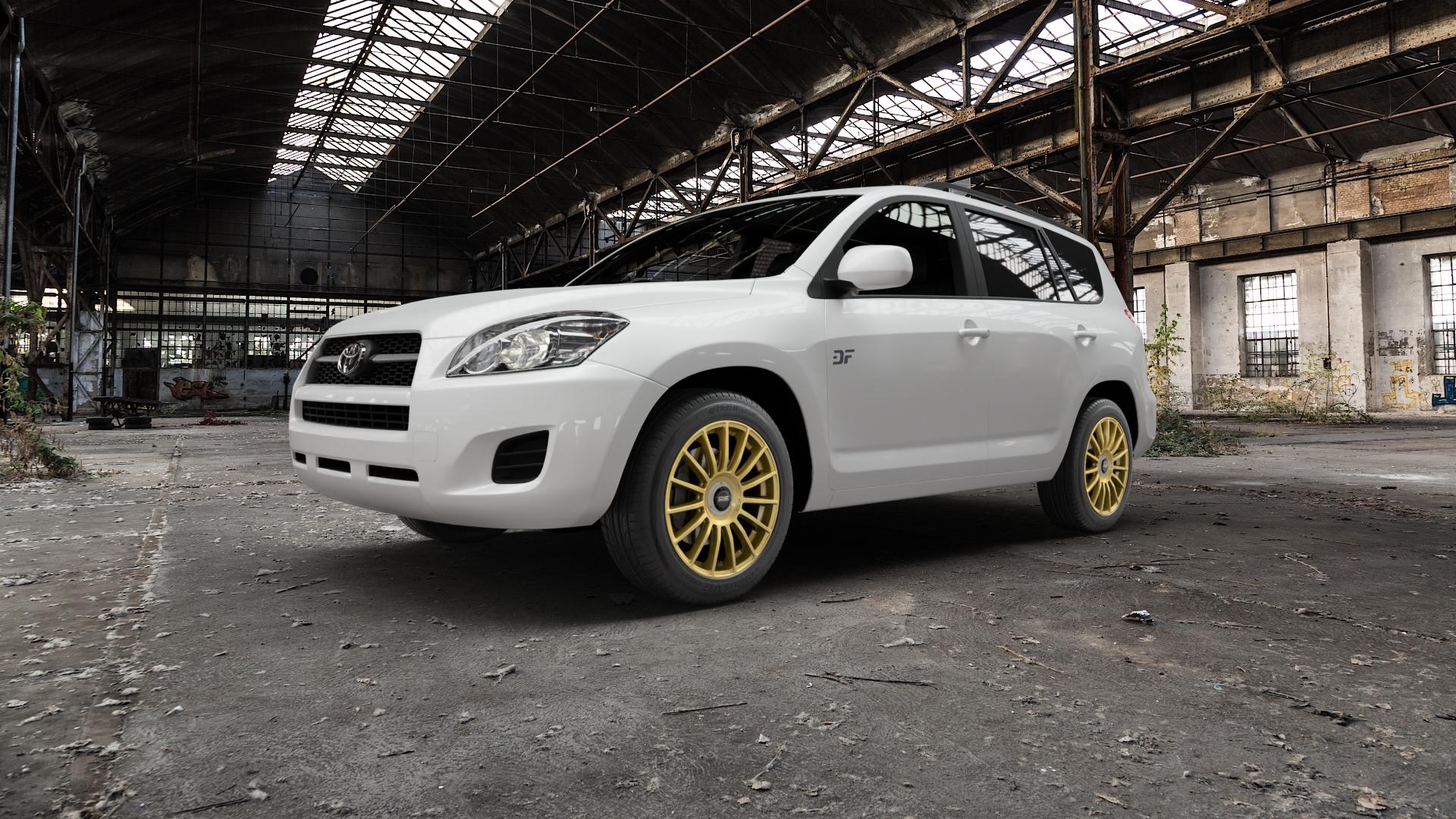 OZ RACING SUPERTURISMO EVOLUZIONE RACE GOLD + BLACK LETTERING Felge mit Reifen in 18Zoll Winterfelge Alufelge auf weissem Toyota RAV 4 III Typ XA3(a) ⬇️ mit 15mm Tieferlegung ⬇️ Old Industrial Hall_max5000mm_2022 Frontansicht_1