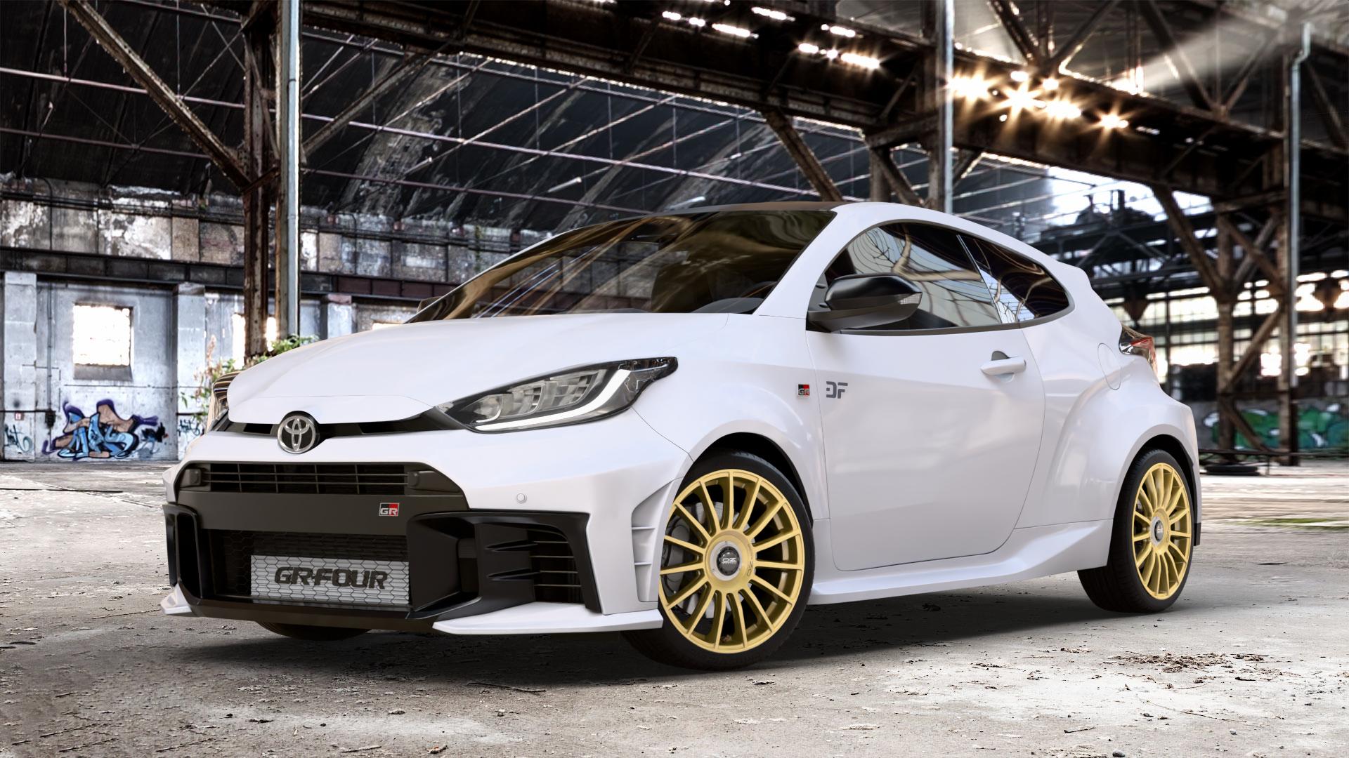 OZ RACING SUPERTURISMO EVOLUZIONE RACE GOLD + BLACK LETTERING Felge mit Reifen in 18Zoll Winterfelge Alufelge auf weissem Toyota Yaris IV GR Typ XPA1G(EU,M) Facelift ⬇️ mit 15mm Tieferlegung ⬇️ Old Industrial Hall_max_4400mm_2024 Frontansicht_1