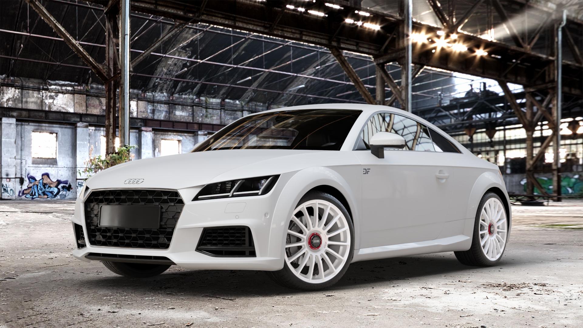 OZ RACING SUPERTURISMO EVOLUZIONE WRC RACE WHITE + RED LETTERING Felge mit Reifen rot weiss weiß in 19Zoll Winterfelge Alufelge auf weissem Audi TT III Typ 8S Facelift (Coupé) (Roadster) ⬇️ mit 15mm Tieferlegung ⬇️ Old Industrial Hall_max_4400mm_2024 Frontansicht_1