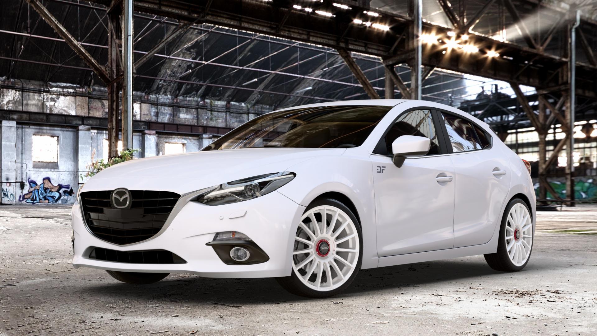 OZ RACING SUPERTURISMO EVOLUZIONE WRC RACE WHITE + RED LETTERING Felge mit Reifen rot weiss weiß in 19Zoll Winterfelge Alufelge auf weissem Mazda 3 (13-) Stufenheck (BM) Sport (17-) Facelift Fließheck ⬇️ mit 15mm Tieferlegung ⬇️ Old Industrial Hall_max_4400mm_2024 Frontansicht_1
