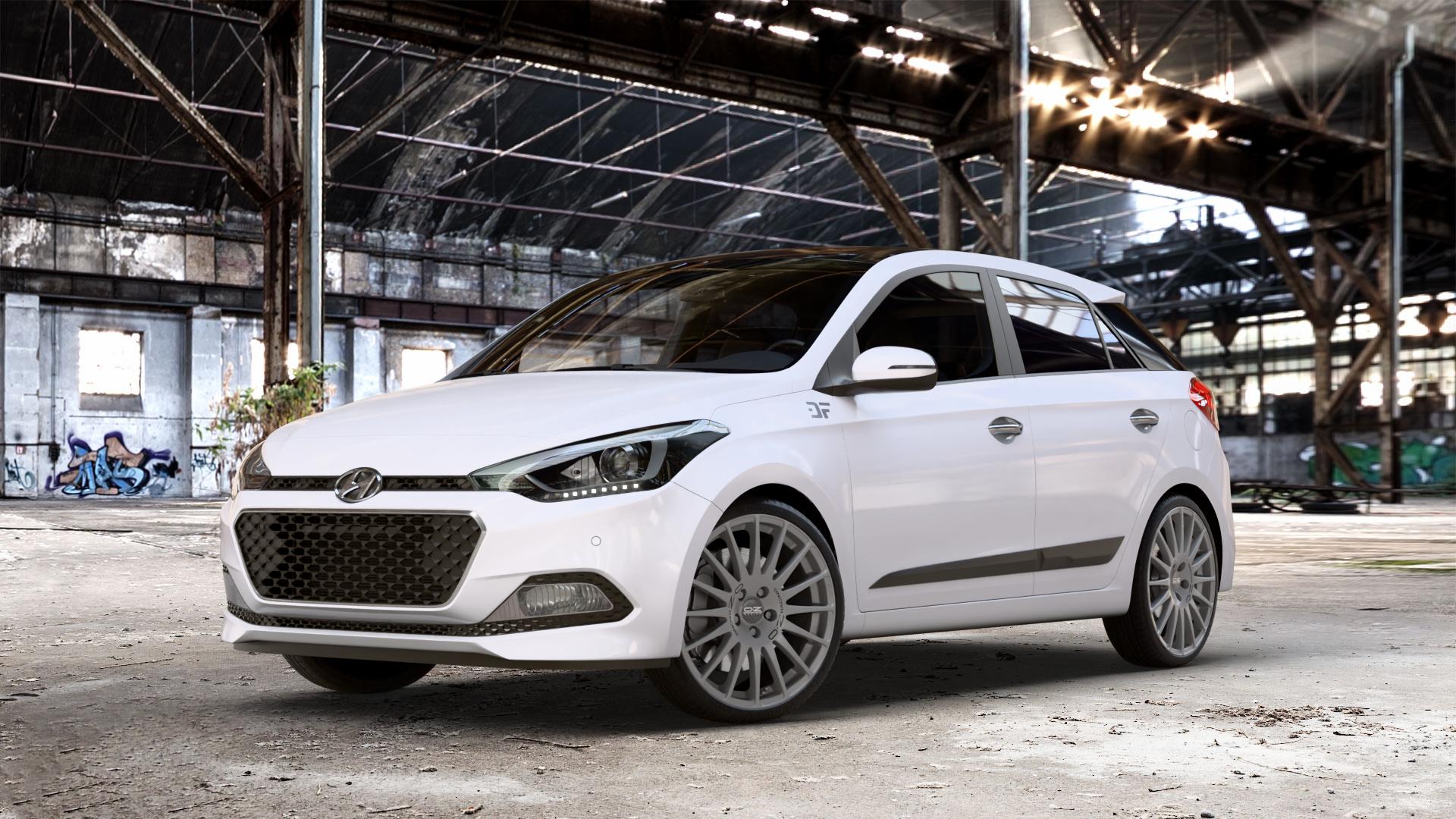 OZ RACING SUPERTURISMO GT GRIGIO CORSA Felge mit Reifen silber anthrazit silber/grau in 18Zoll Winterfelge Alufelge auf weissem Hyundai i20 Typ GB Coupe Facelift ⬇️ mit 15mm Tieferlegung ⬇️ Old Industrial Hall_max_4400mm_2024 Frontansicht_1