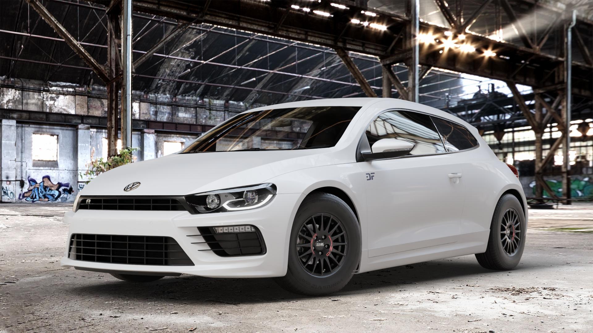 OZ RACING SUPERTURISMO GT MATT BLACK Felge mit Reifen schwarz schwarz matt in 14Zoll Winterfelge Alufelge auf weissem Volkswagen (VW) Scirocco III Typ 13 Facelift ⬇️ mit 15mm Tieferlegung ⬇️ Old Industrial Hall_max_4400mm_2024 Frontansicht_1