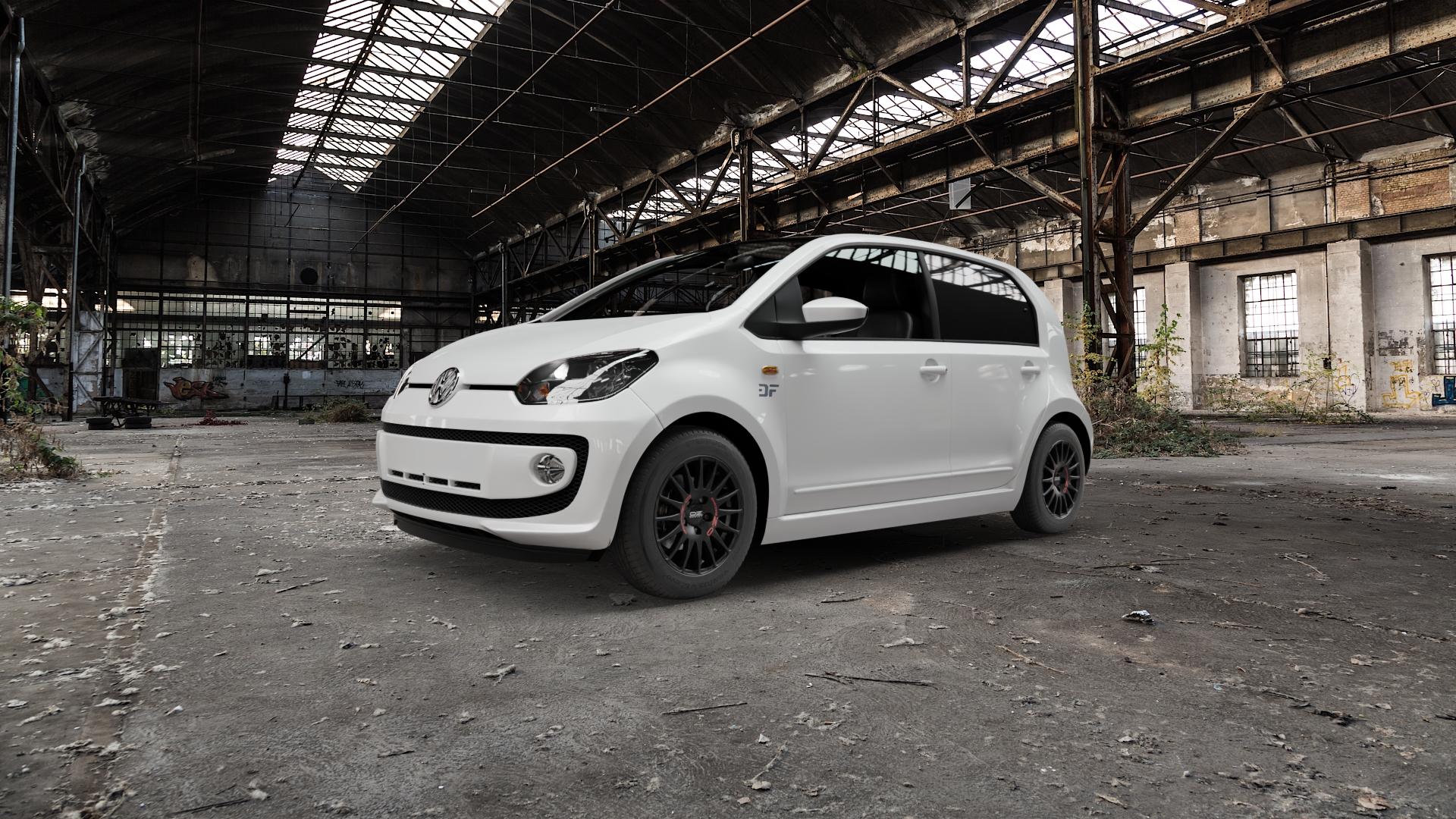 OZ RACING SUPERTURISMO GT MATT BLACK Felge mit Reifen schwarz schwarz matt in 14Zoll Winterfelge Alufelge auf weissem Volkswagen (VW) UP ⬇️ mit 15mm Tieferlegung ⬇️ Old Industrial Hall_max5000mm_2022 Frontansicht_1