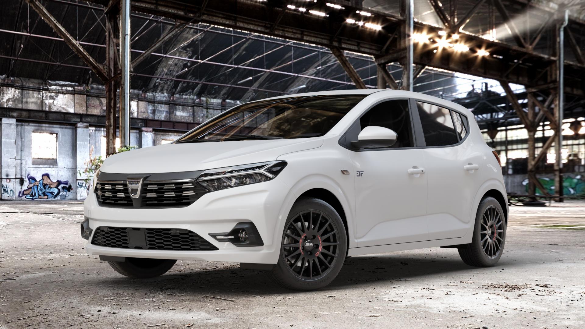 OZ RACING SUPERTURISMO GT MATT BLACK Felge mit Reifen schwarz schwarz matt in 16Zoll Winterfelge Alufelge auf weissem Dacia Sandero III Typ DJF ⬇️ mit 15mm Tieferlegung ⬇️ Old Industrial Hall_max_4400mm_2024 Frontansicht_1