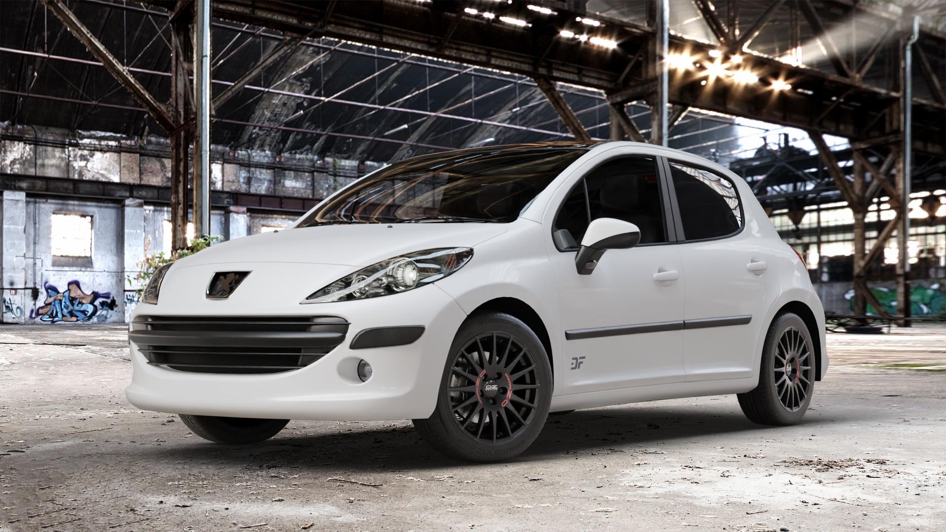 OZ RACING SUPERTURISMO GT MATT BLACK Felge mit Reifen schwarz schwarz matt in 16Zoll Winterfelge Alufelge auf weissem Peugeot 207 SW Facelift ⬇️ mit 15mm Tieferlegung ⬇️ Old Industrial Hall_max_4400mm_2024 Frontansicht_1
