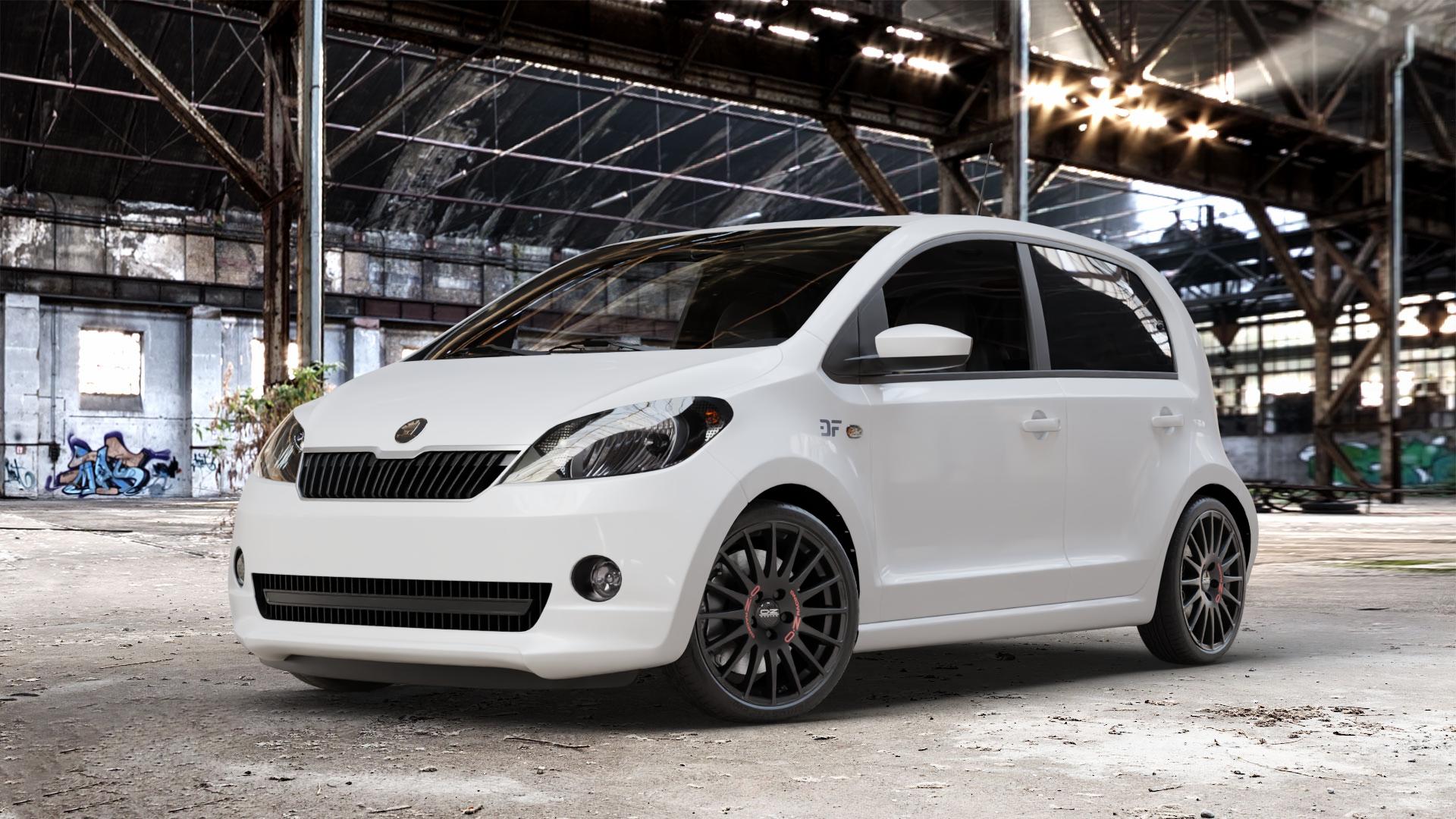 OZ RACING SUPERTURISMO GT MATT BLACK Felge mit Reifen schwarz schwarz matt in 17Zoll Winterfelge Alufelge auf weissem Skoda Citigo Typ AA ⬇️ mit 15mm Tieferlegung ⬇️ Old Industrial Hall_max_4400mm_2024 Frontansicht_1