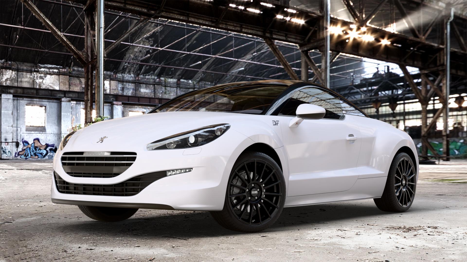 OZ RACING SUPERTURISMO LM MATT BLACK + SILVER LETTERING Felge mit Reifen silber schwarz schwarz matt in 19Zoll Winterfelge Alufelge auf weissem Peugeot RCZ Facelift ⬇️ mit 15mm Tieferlegung ⬇️ Old Industrial Hall_max_4400mm_2024 Frontansicht_1